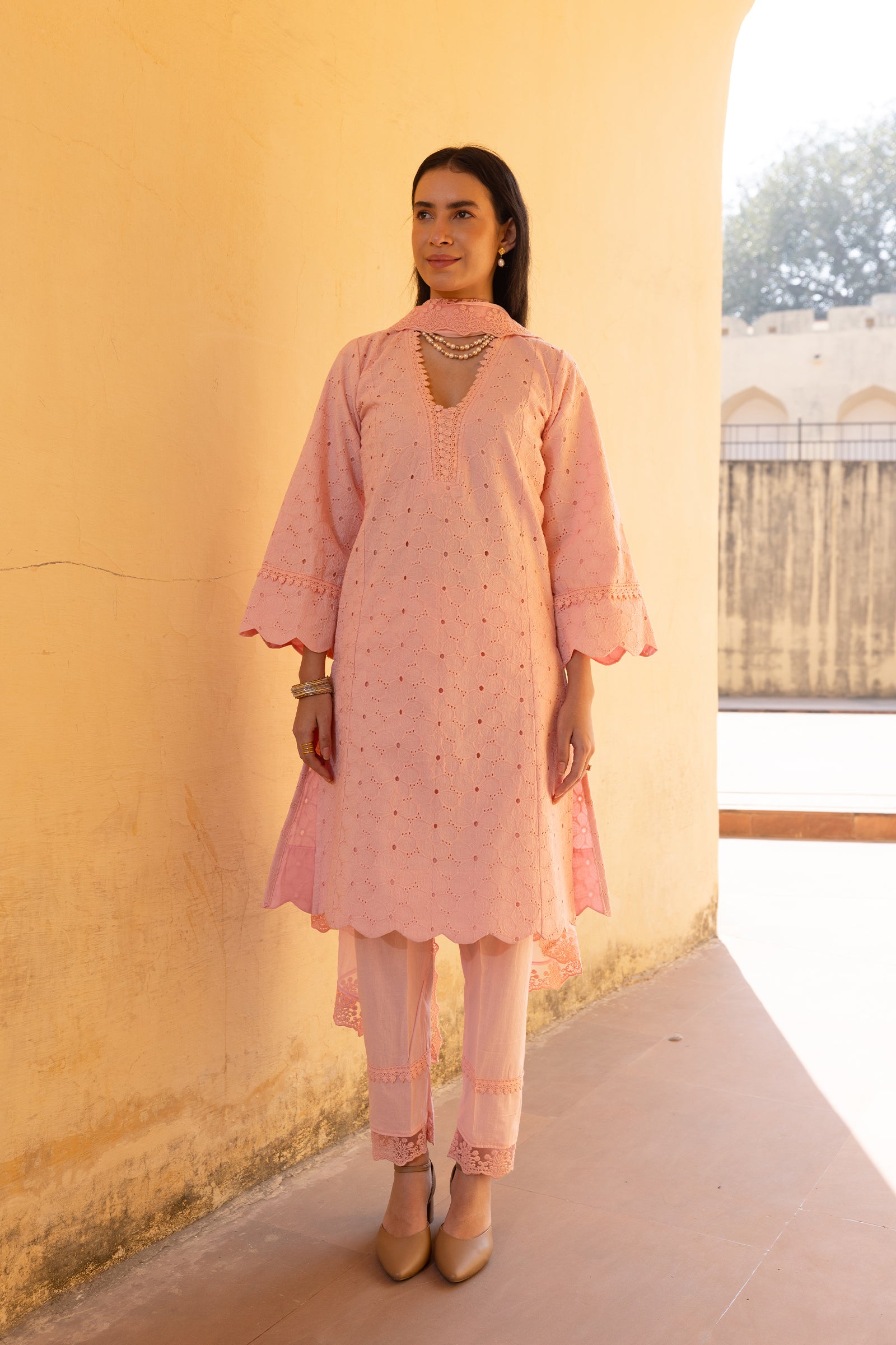 light pink embroidery kurti with dupatta