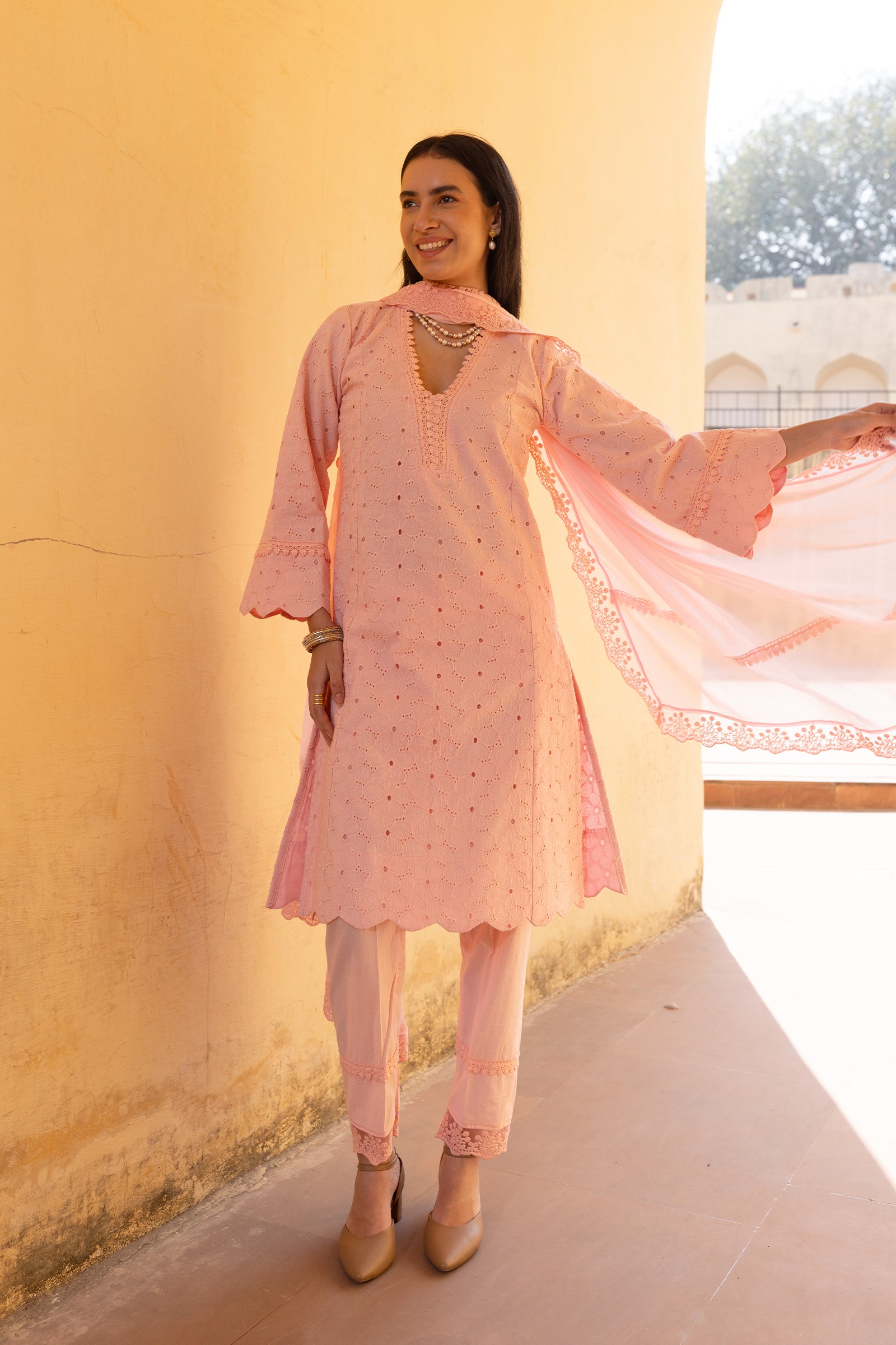 light pink embroidery kurti with dupatta