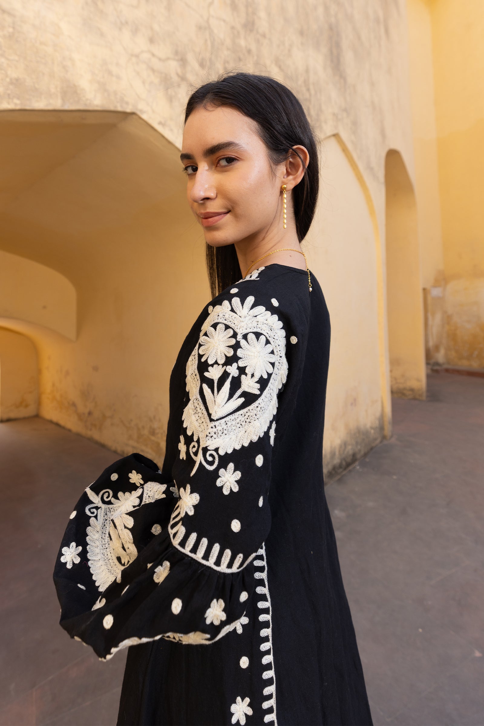 Black Linen Blend Embroidered Kaftan Dress