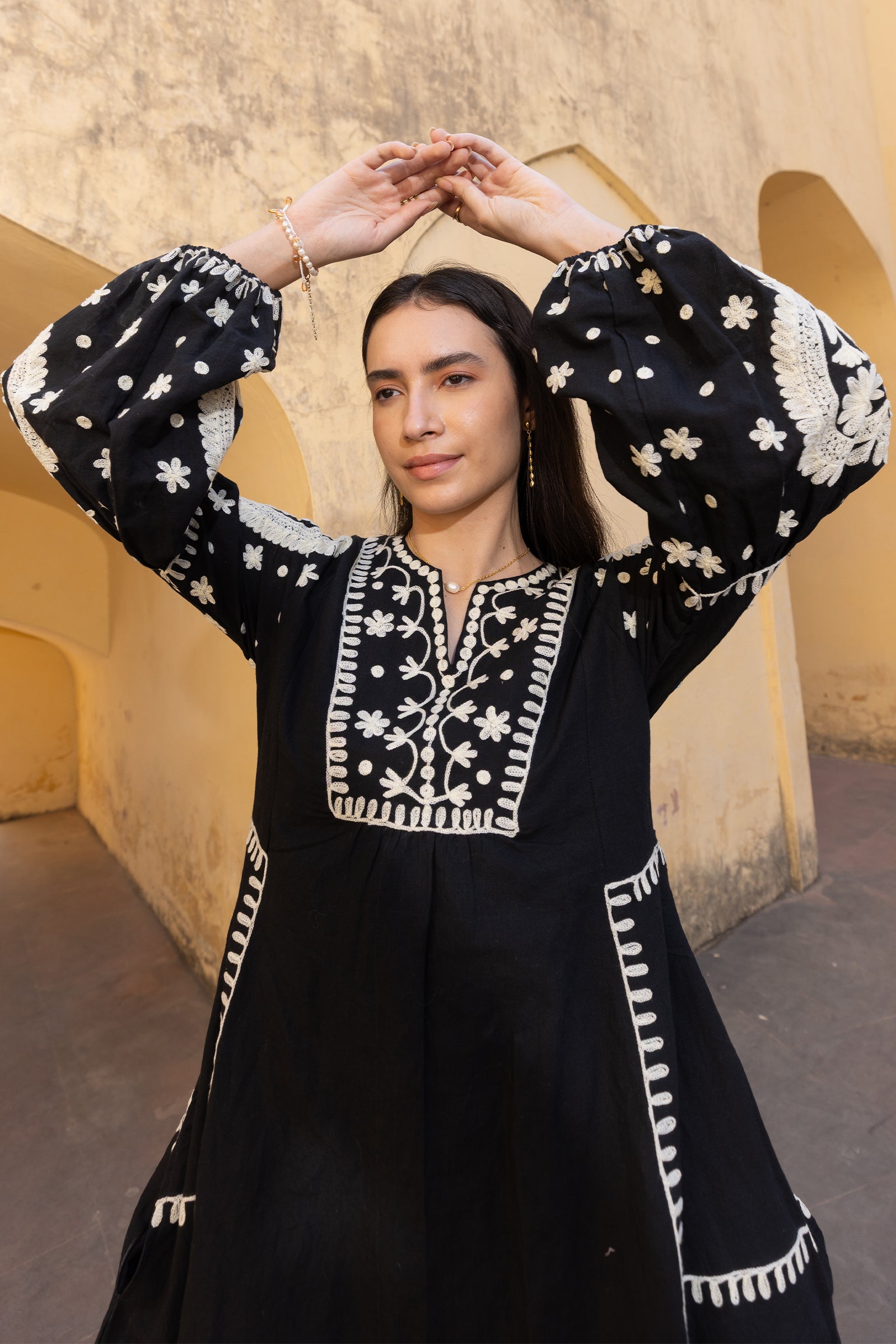 Black Linen Blend Embroidered Kaftan Dress