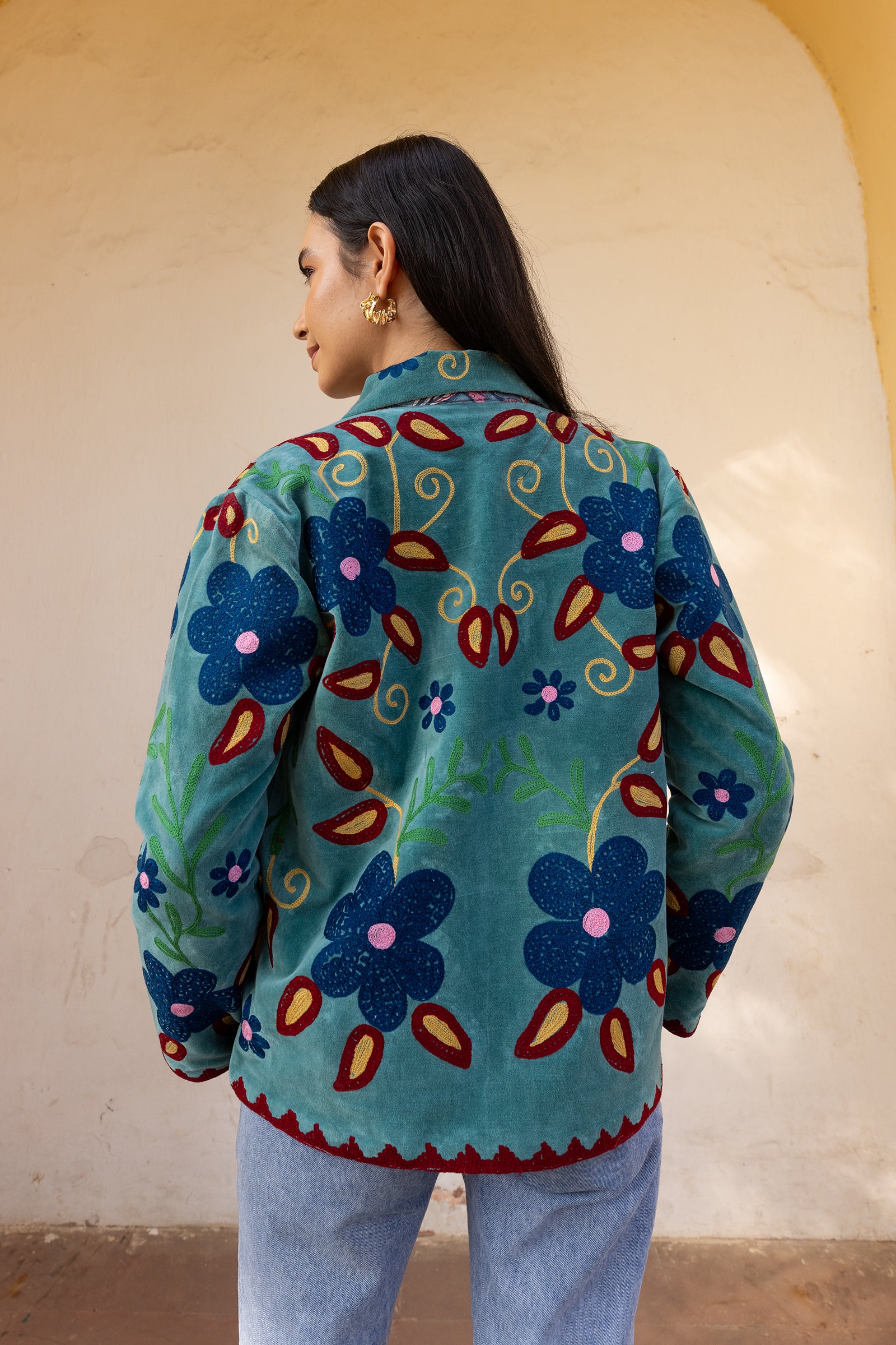 Teal Velvet Multicolour Embroidered Jacket