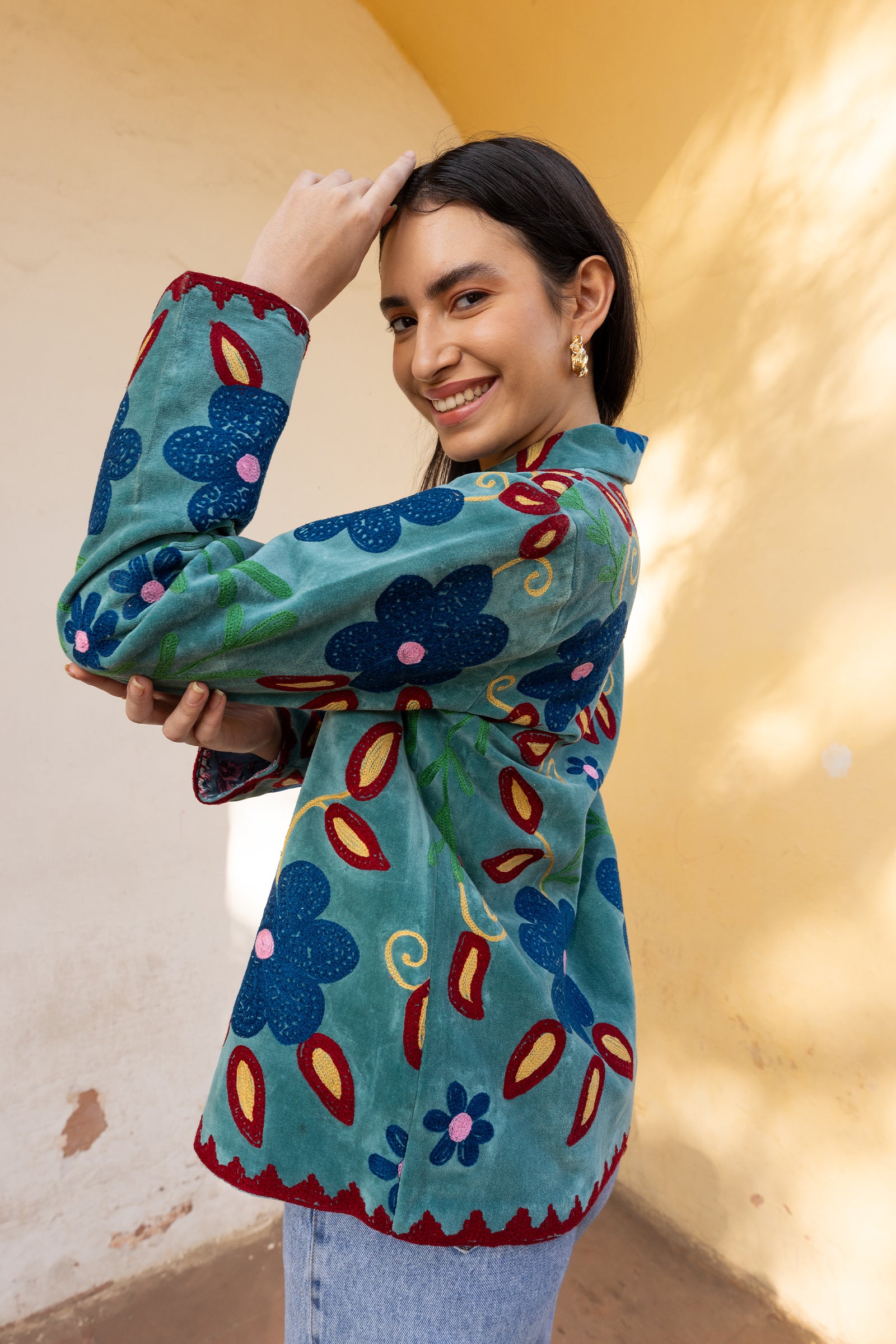 Teal Velvet Multicolour Embroidered Jacket