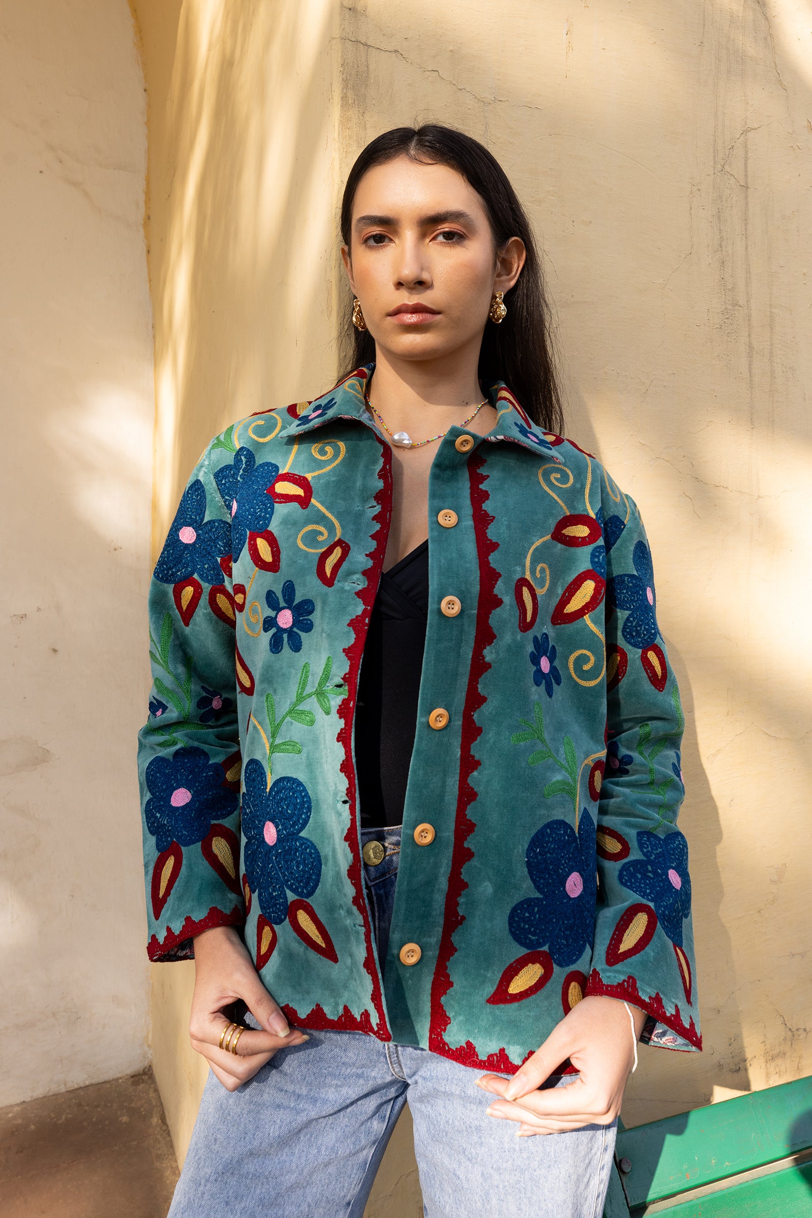 Teal Velvet Multicolour Embroidered Jacket