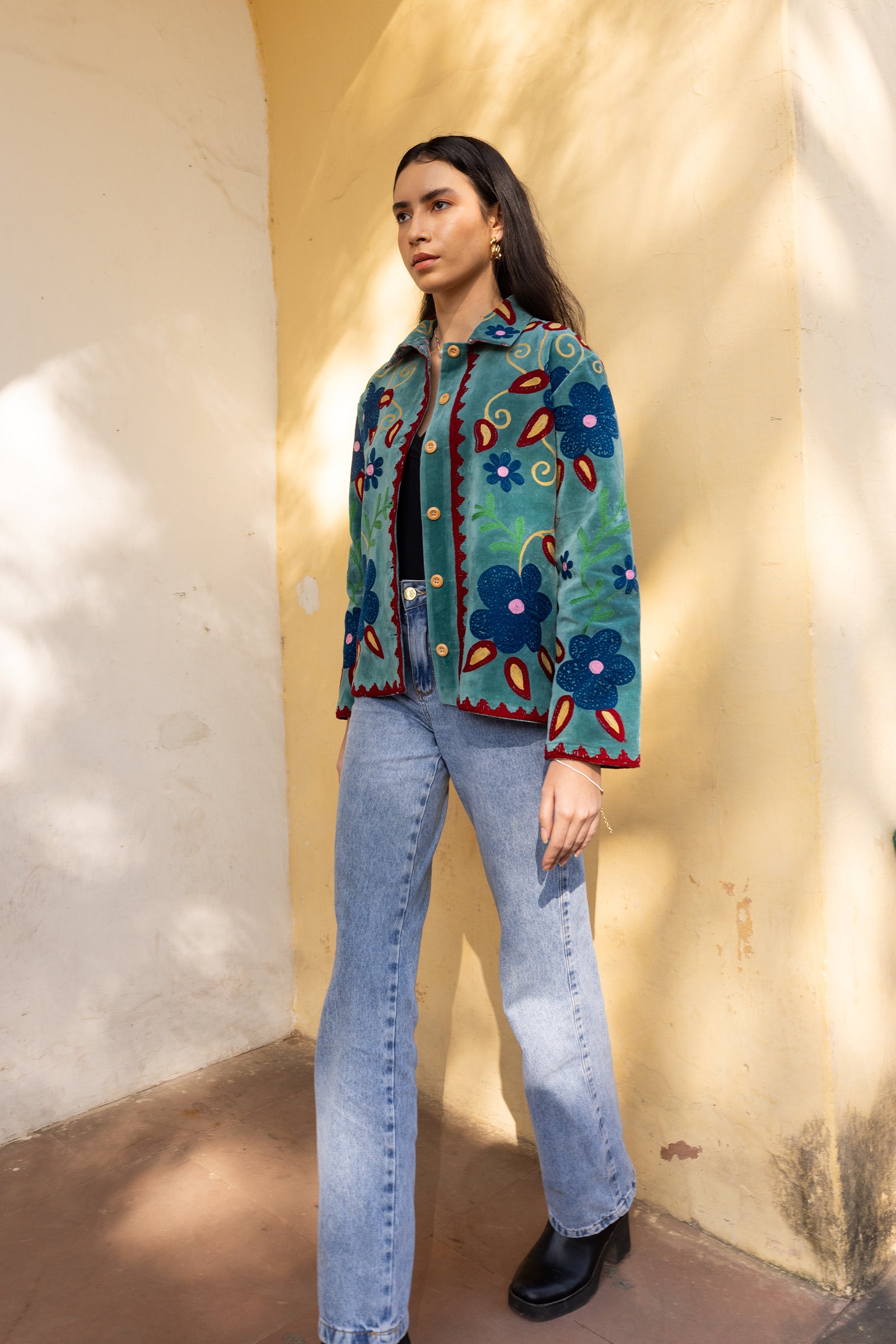 Teal Velvet Multicolour Embroidered Jacket