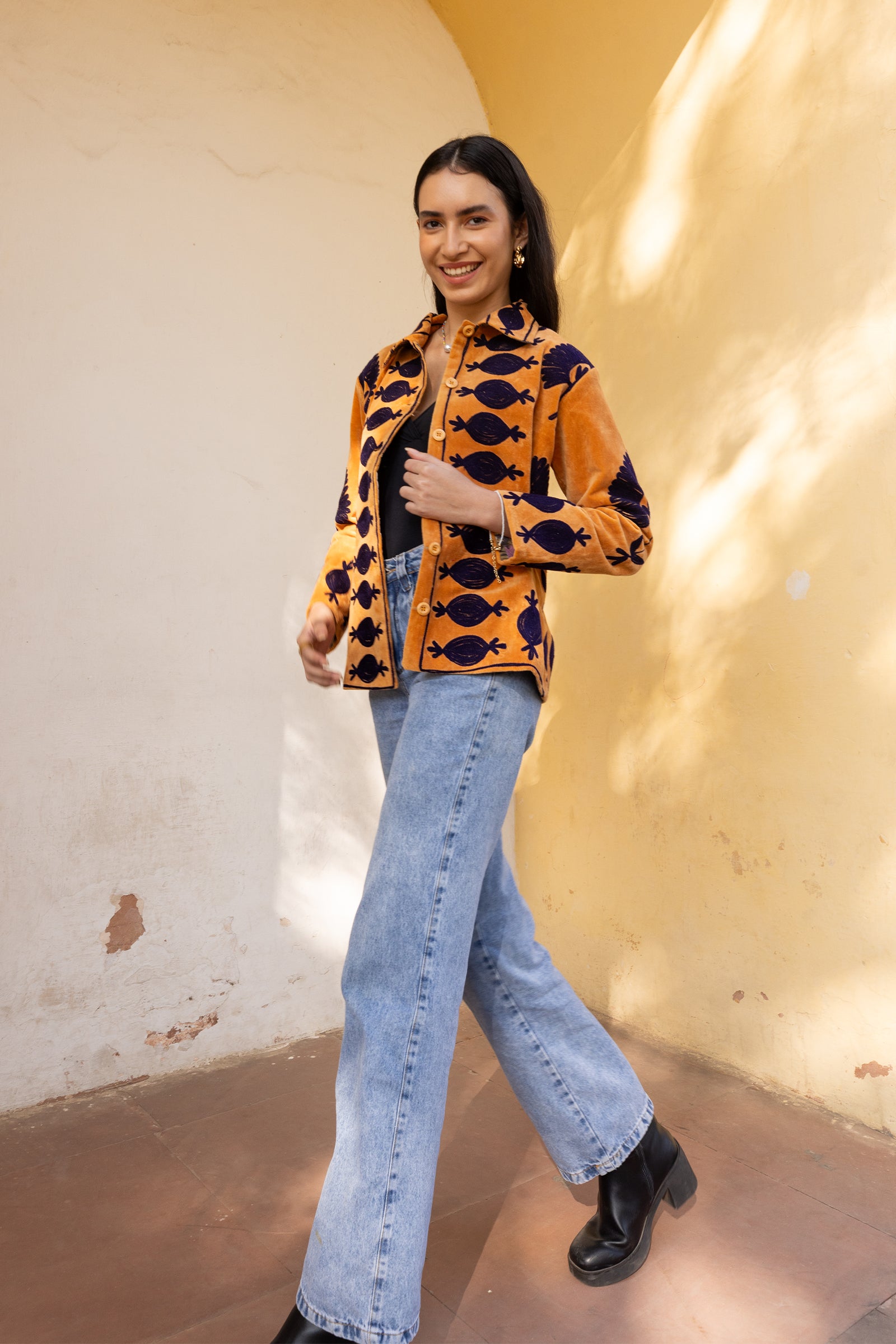 Rust Velvet Blue Appliqué Embroidered Jacket