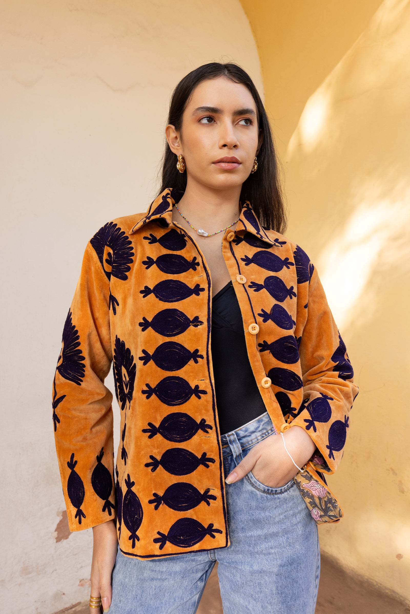Rust Velvet Blue Appliqué Embroidered Jacket