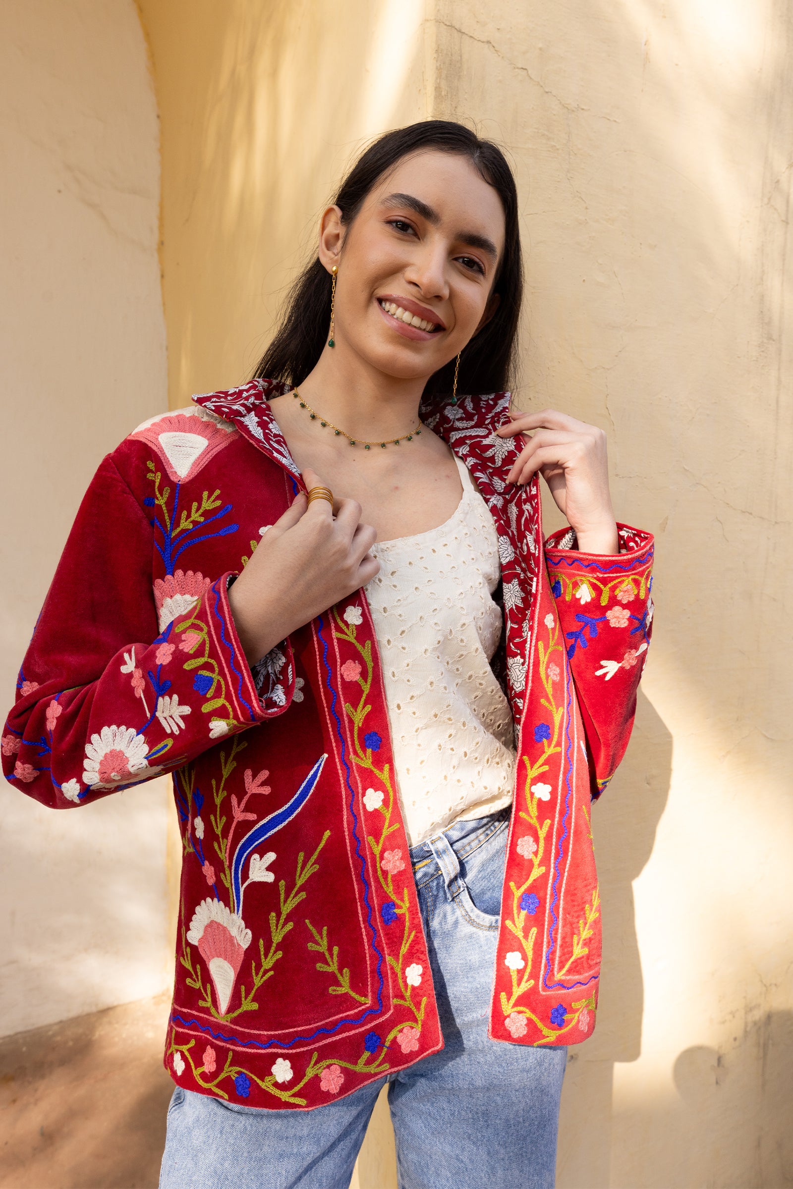 Red Velvet Embroidered Jacket for Women | Asrumo