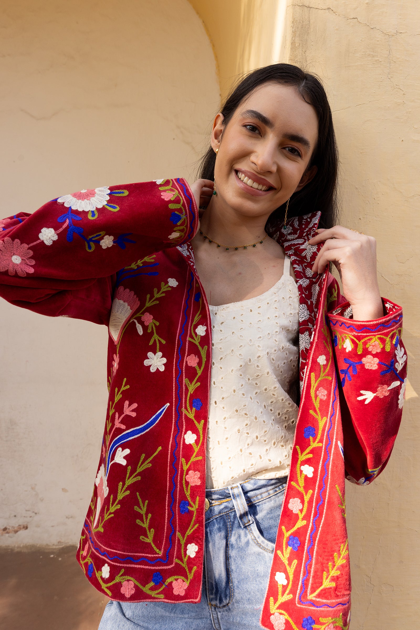 Red Velvet Multicolour Embroidered Jacket