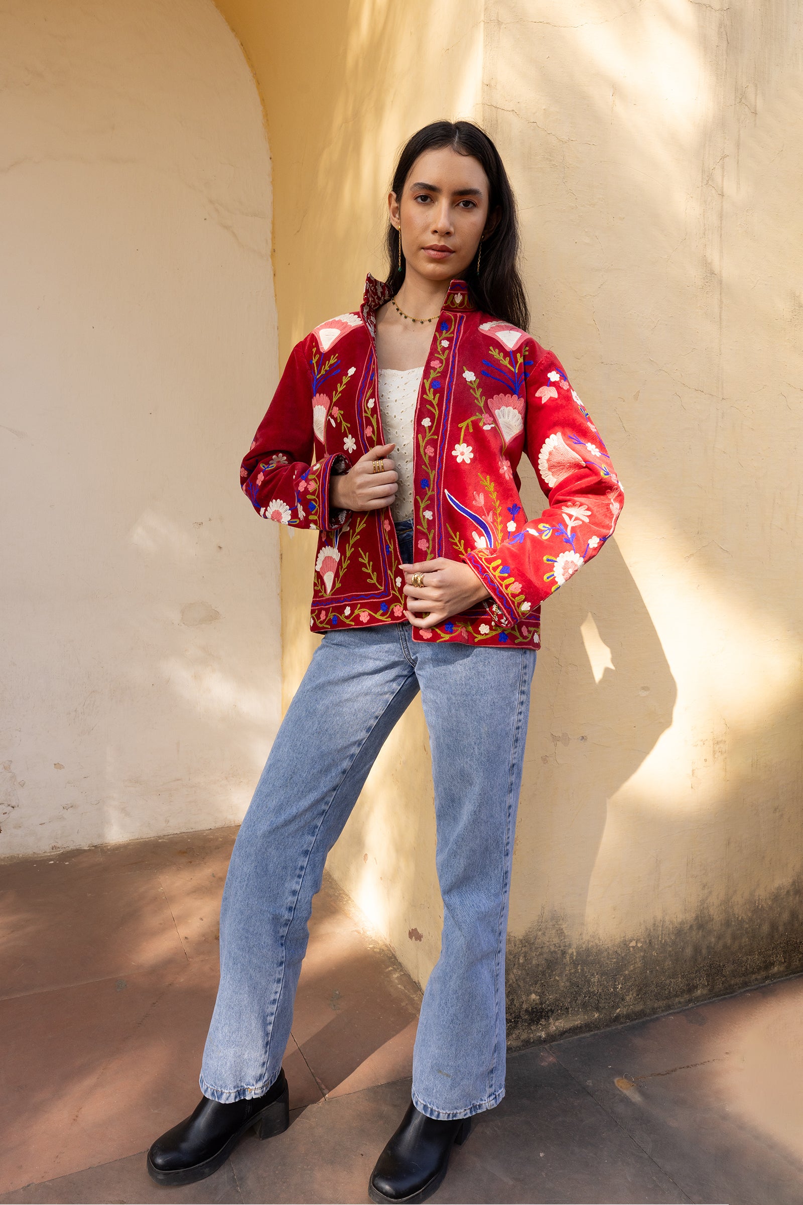 Red Velvet Multicolour Embroidered Jacket