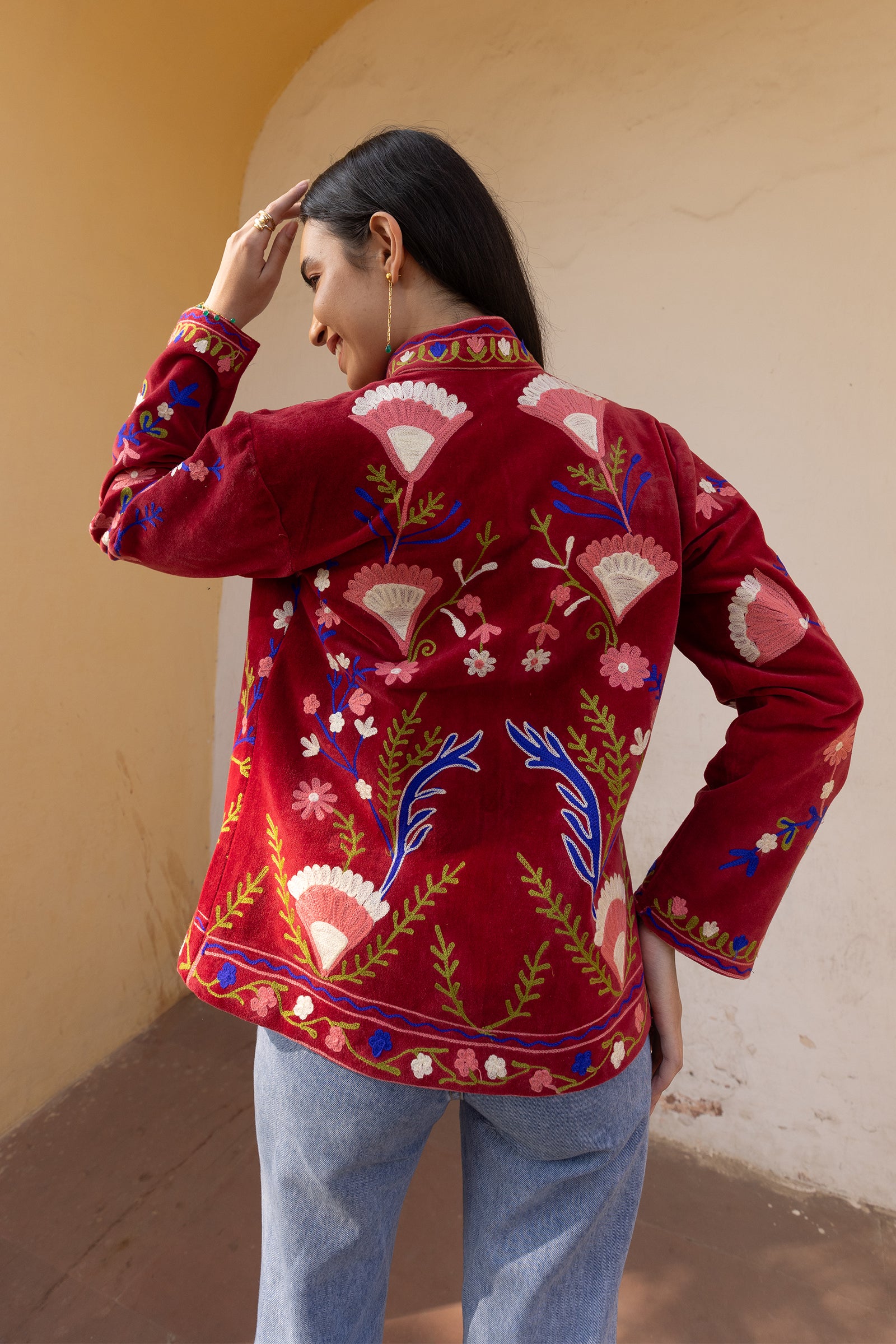 Red Velvet Multicolour Embroidered Jacket