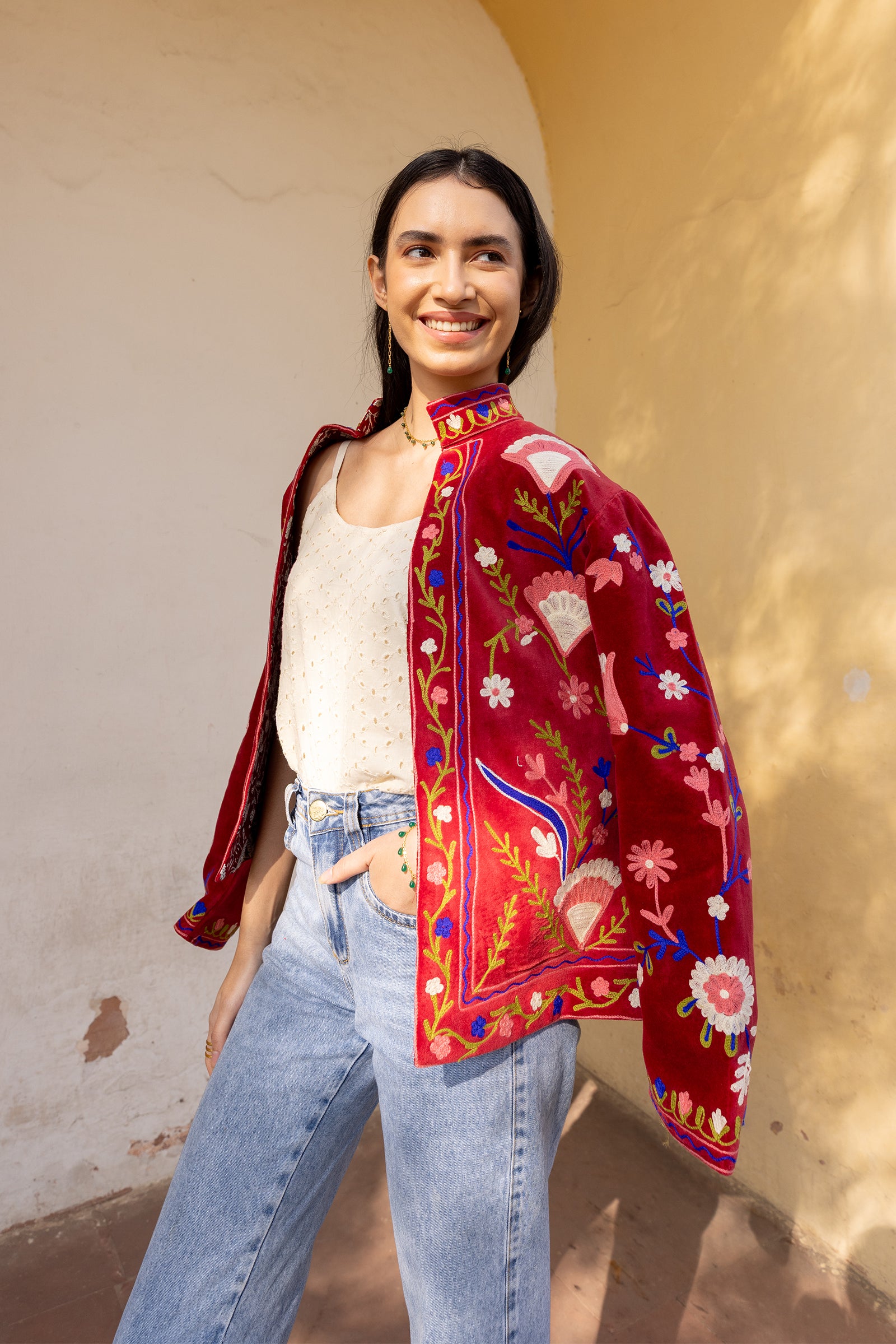 Red Velvet Multicolour Embroidered Jacket