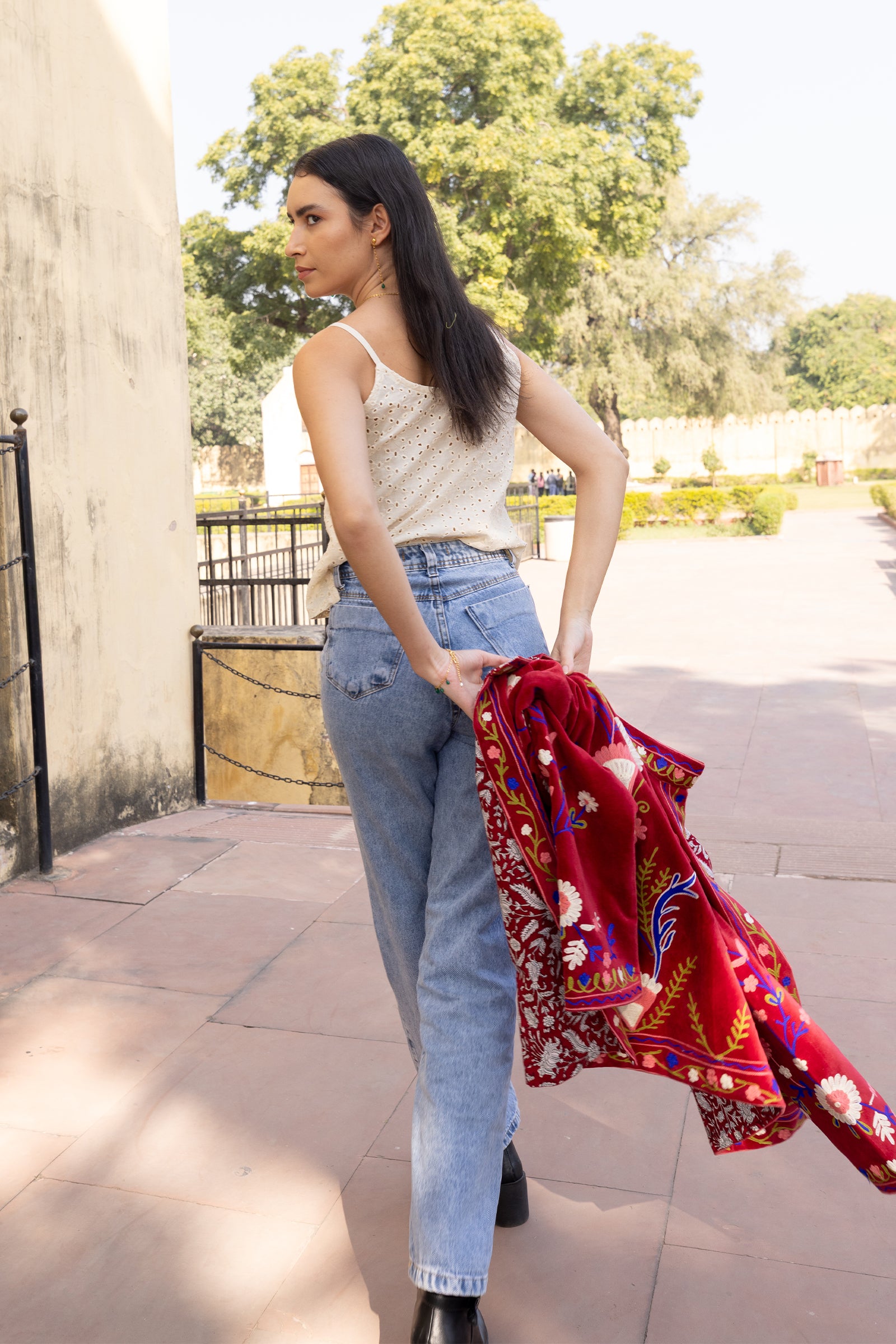 Red Velvet Multicolour Embroidered Jacket