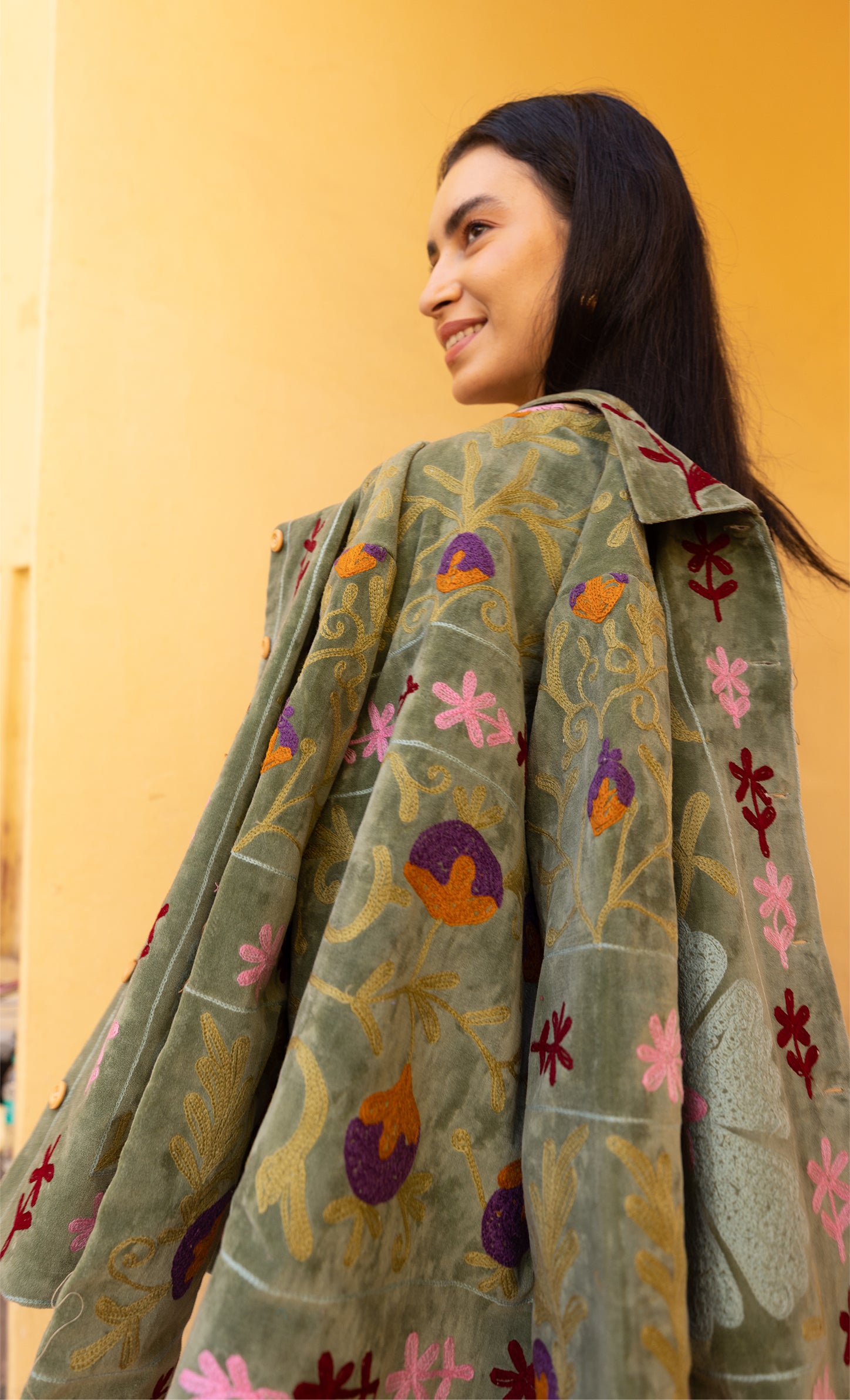 Sage Green Velvet Multicolour Embroidered Jacket