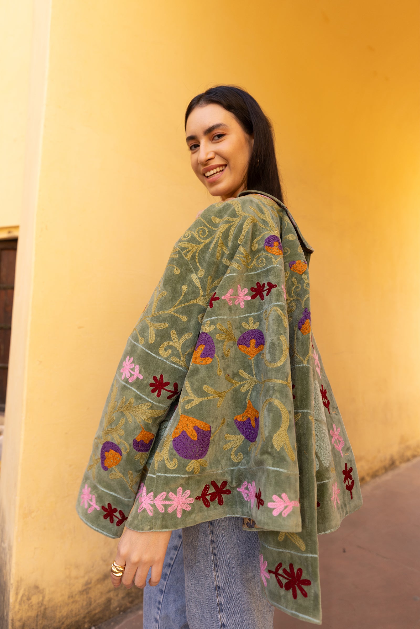 Sage Green Velvet Multicolour Embroidered Jacket