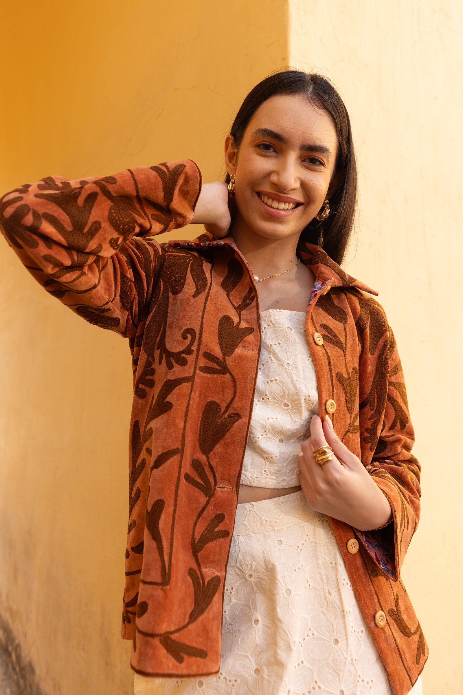 Brown Velvet Jacket With Dark Embroidery