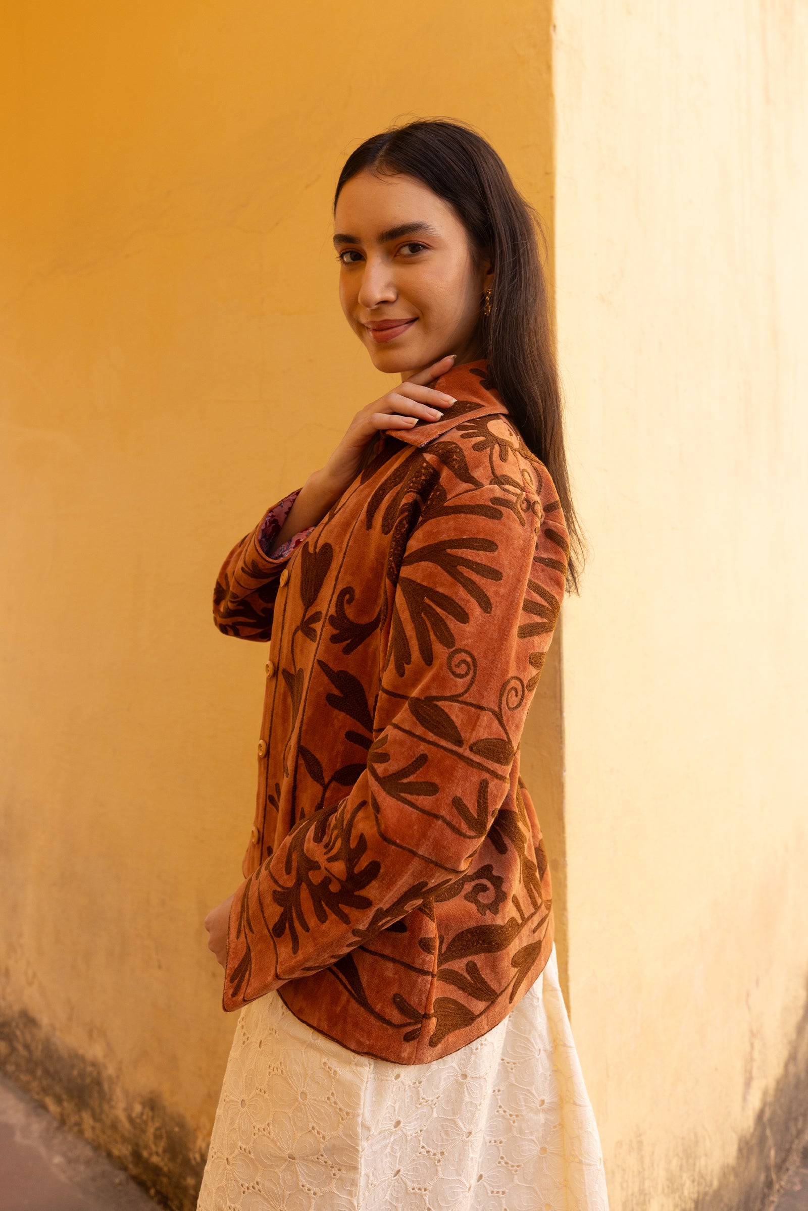 Brown Velvet Jacket With Dark Embroidery