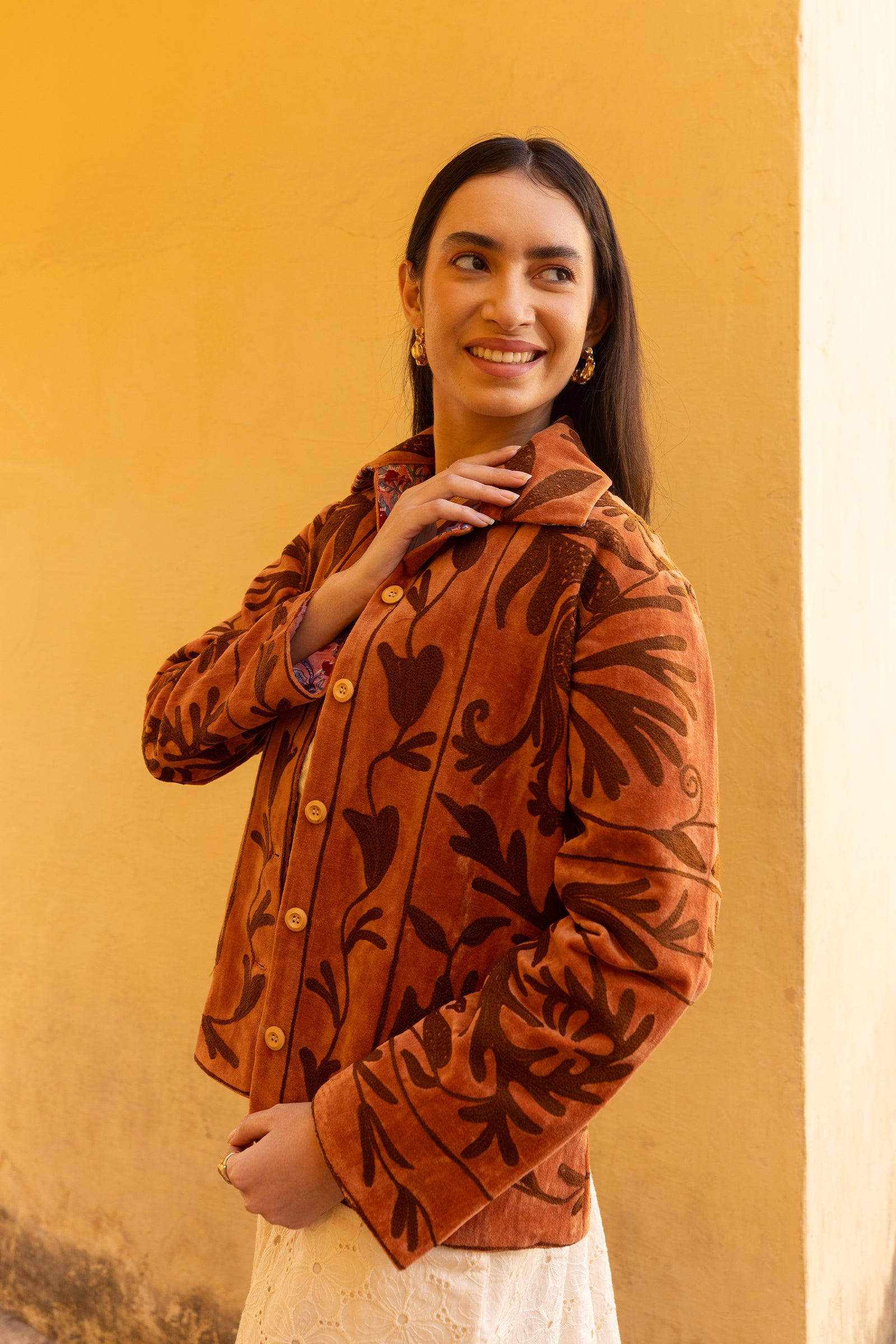 Brown Velvet Jacket With Dark Embroidery