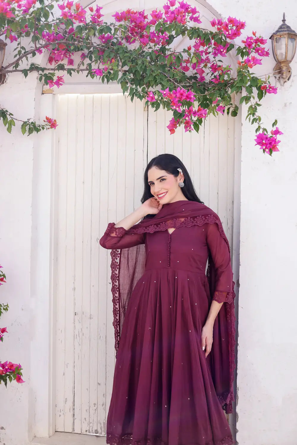 Merlot Wine Cotton Mulmul Taari Embellished Anarkali Suit Set - AS-TTME-10 (1)