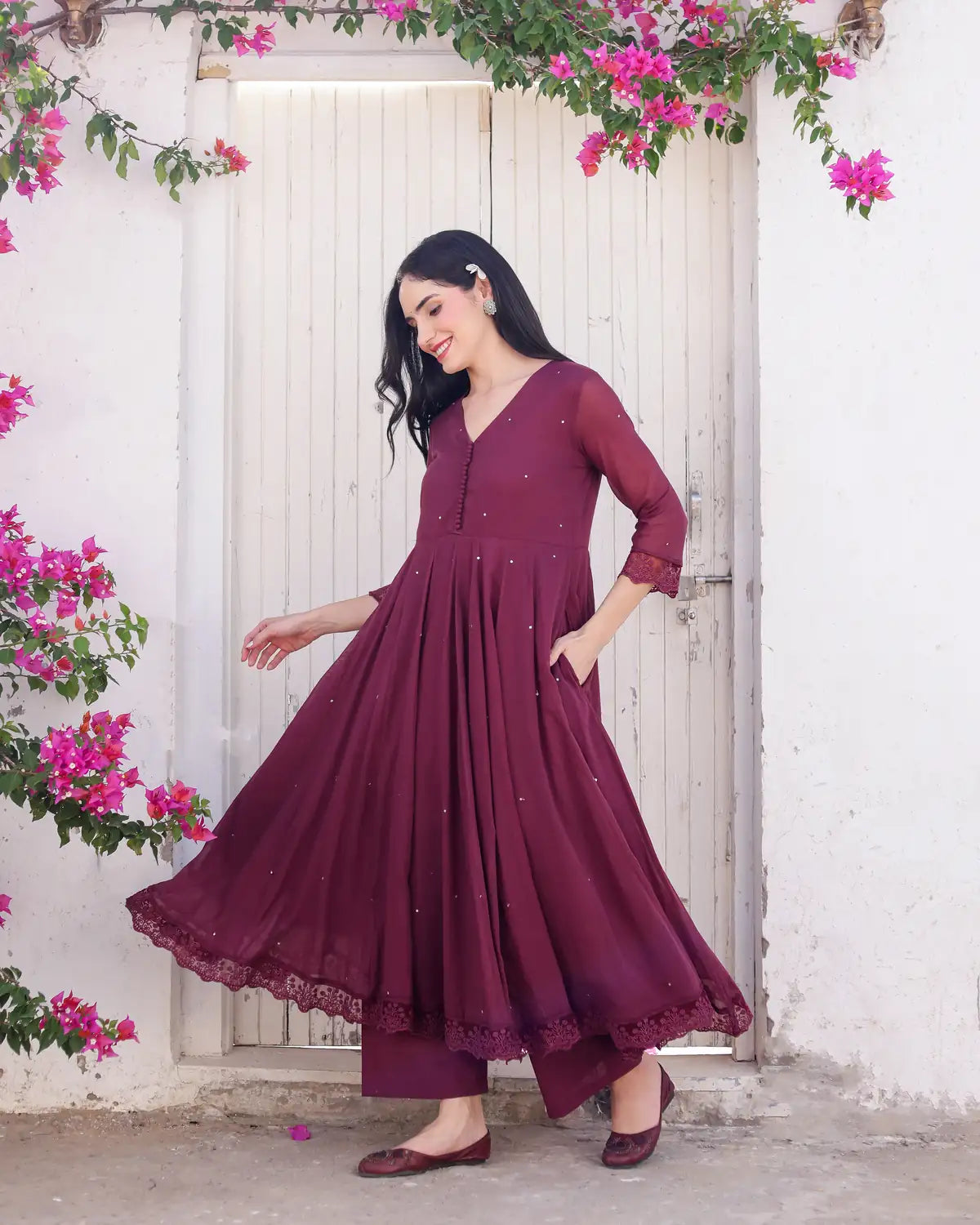 Merlot Wine Cotton Mulmul Taari Embellished Anarkali Suit Set - AS-TTME-10 (4)