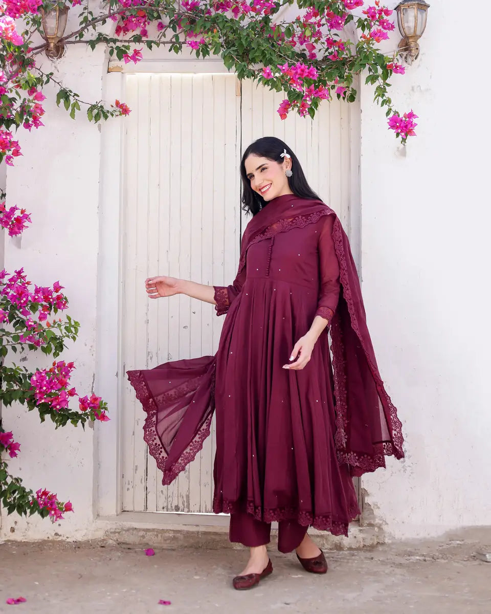 Merlot Wine Cotton Mulmul Taari Embellished Anarkali Suit Set - AS-TTME-10 (5)