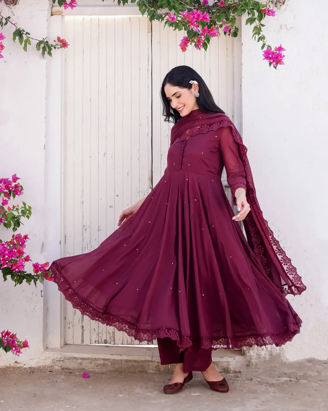 Merlot Wine Cotton Mulmul Taari Embellished Anarkali Suit Set - AS-TTME-10 (6)