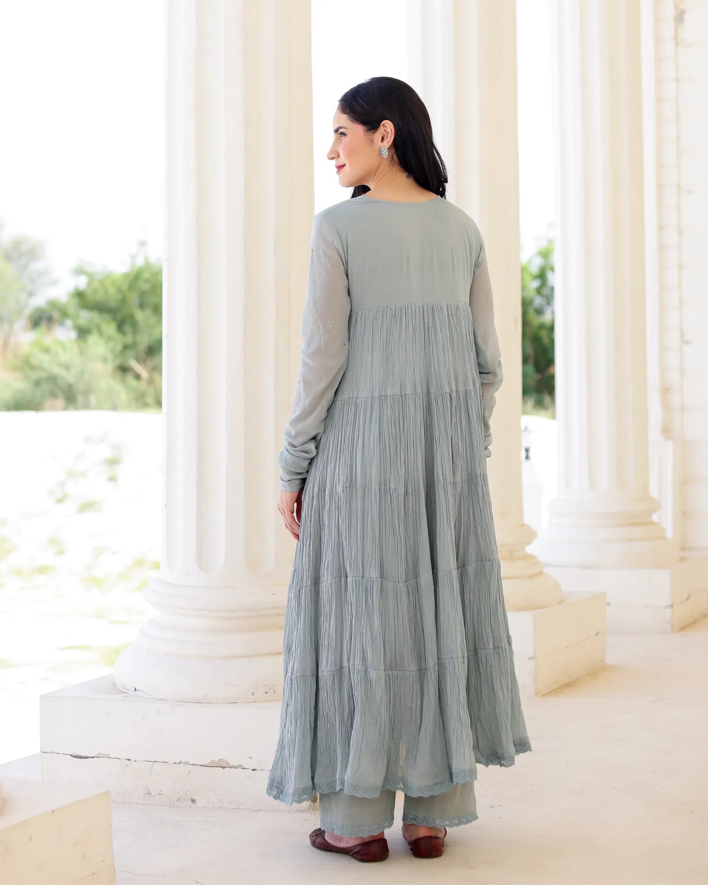 Aster Greyish Blue Cotton Mulmul Taari Embroidered Anarkali Suit Set - AS-TTME-11 (2)