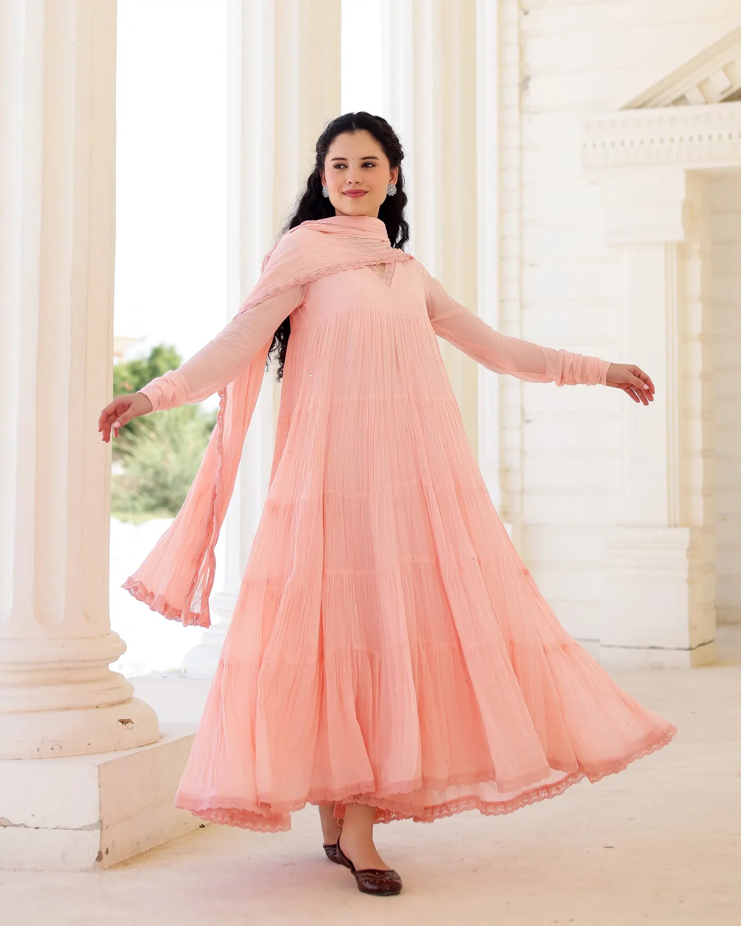 Roselle Blush Peach Cotton Mulmul Tiered Anarkali Suit Set with Dupatta - AS-TTME-13 (5)
