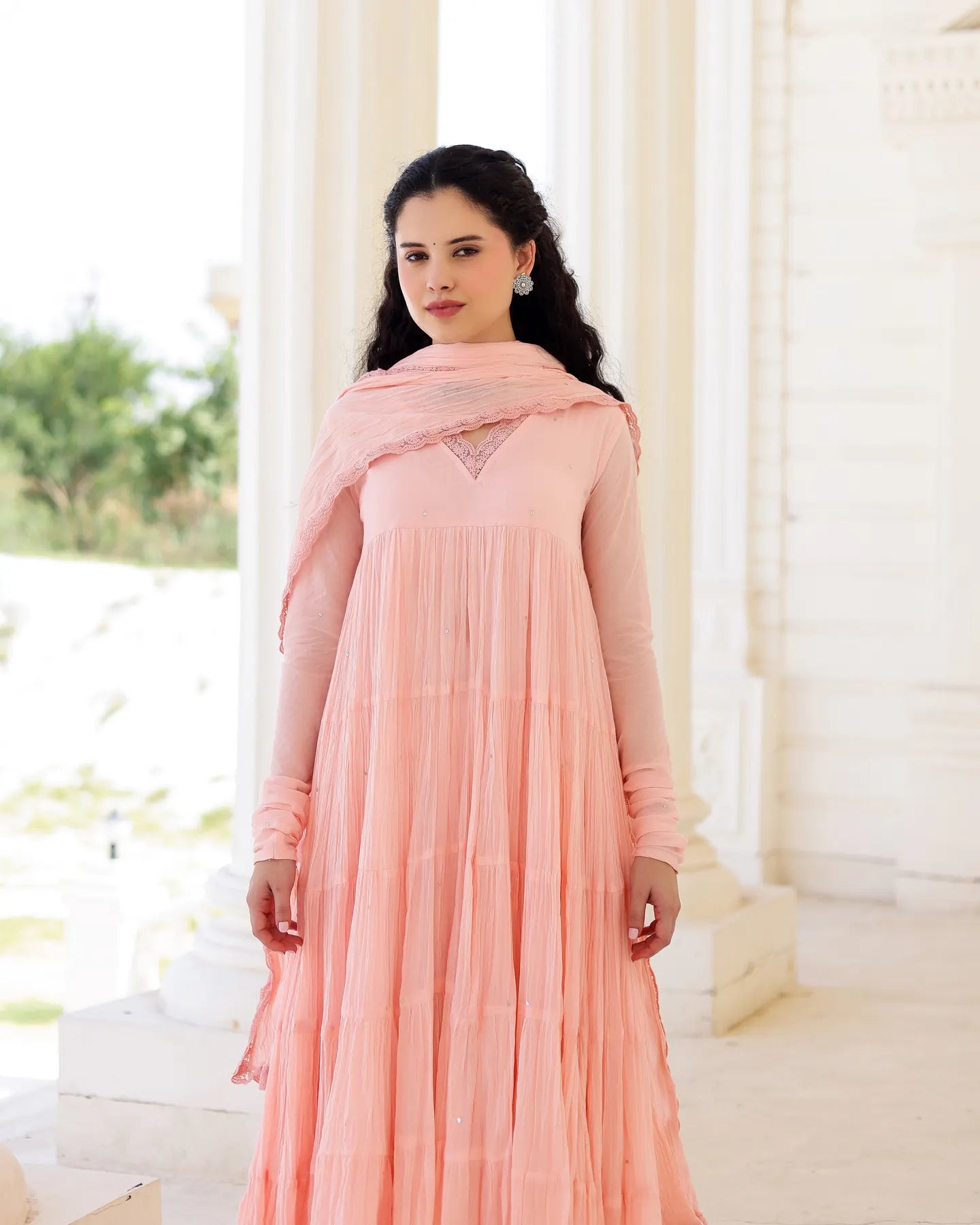 Roselle Blush Peach Cotton Mulmul Tiered Anarkali Suit Set with Dupatta - AS-TTME-13 (8)