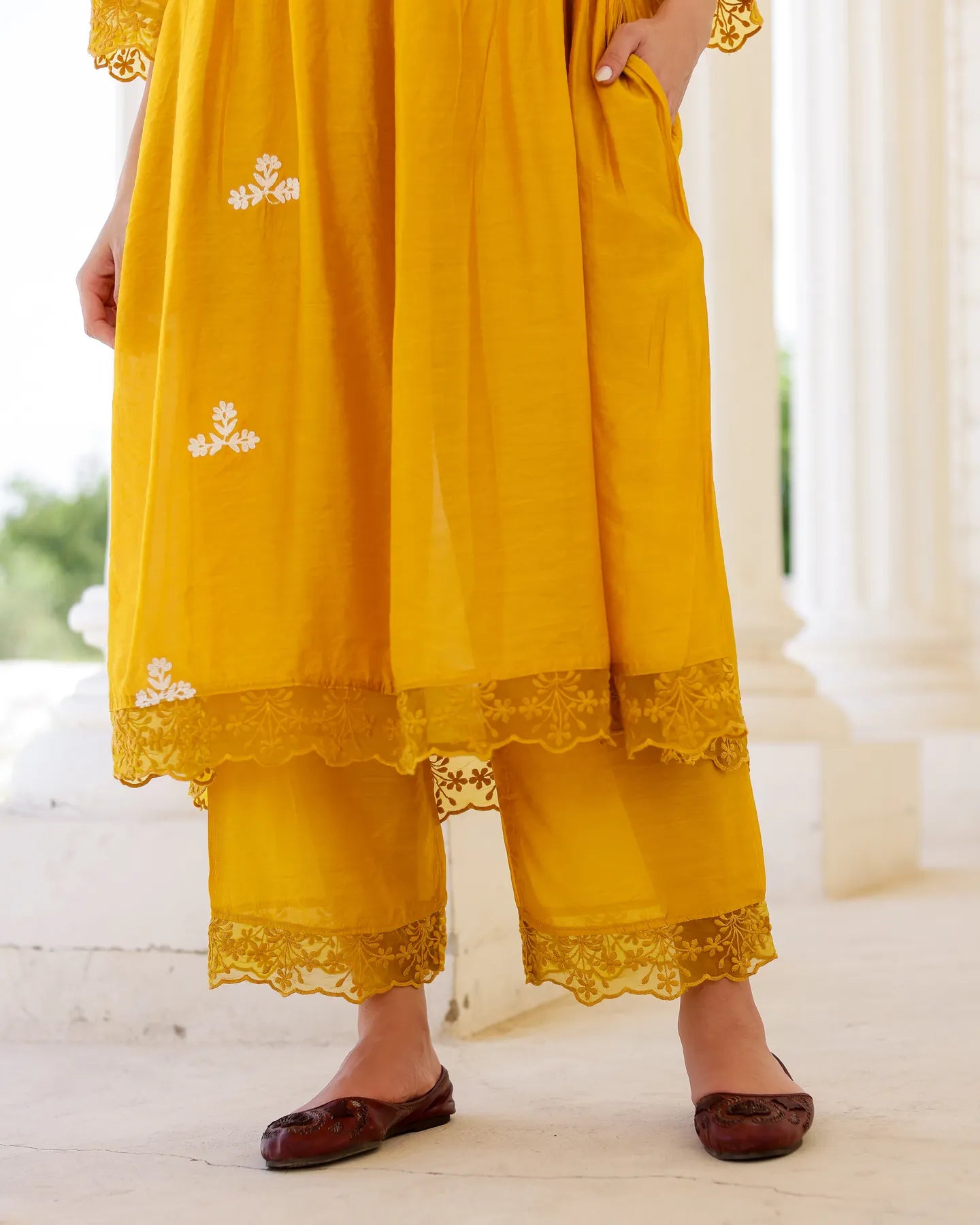Solea Golden Chanderi Aari Embroidered Kurta Palazzo Set with Lace Dupatta - AS-TTME-14 (6)