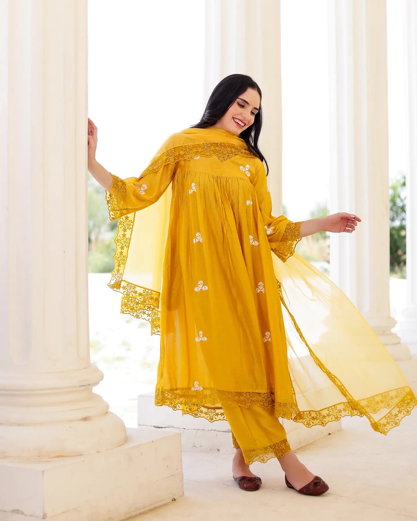 Solea Golden Chanderi Aari Embroidered Kurta Palazzo Set with Lace Dupatta - AS-TTME-14 (8)