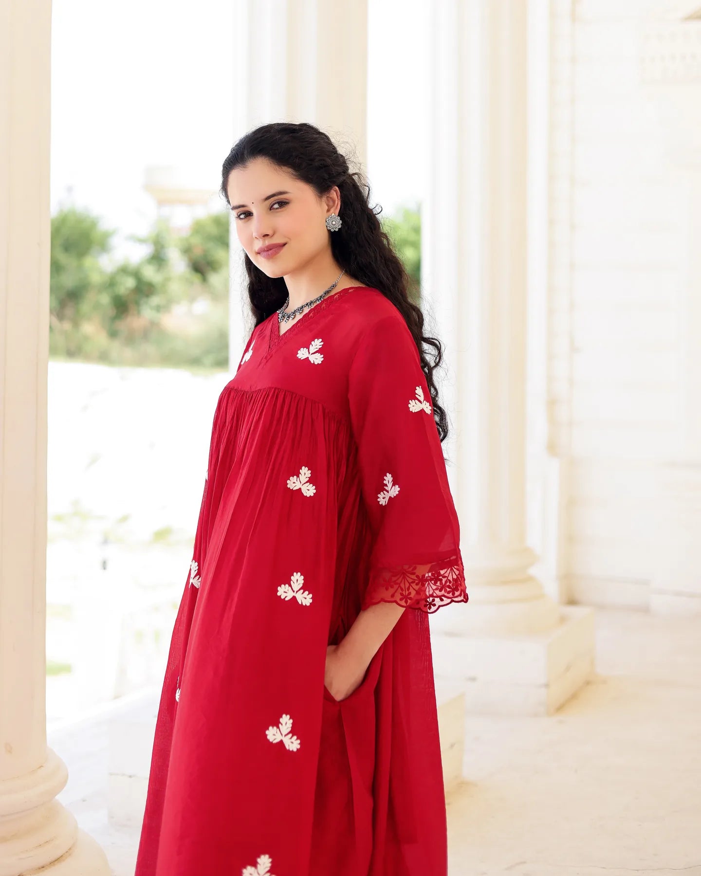 Rouge Ruby Red Chanderi Aari Embroidered Kurta Palazzo Set with Dupatta - AS-TTME-15 (6)