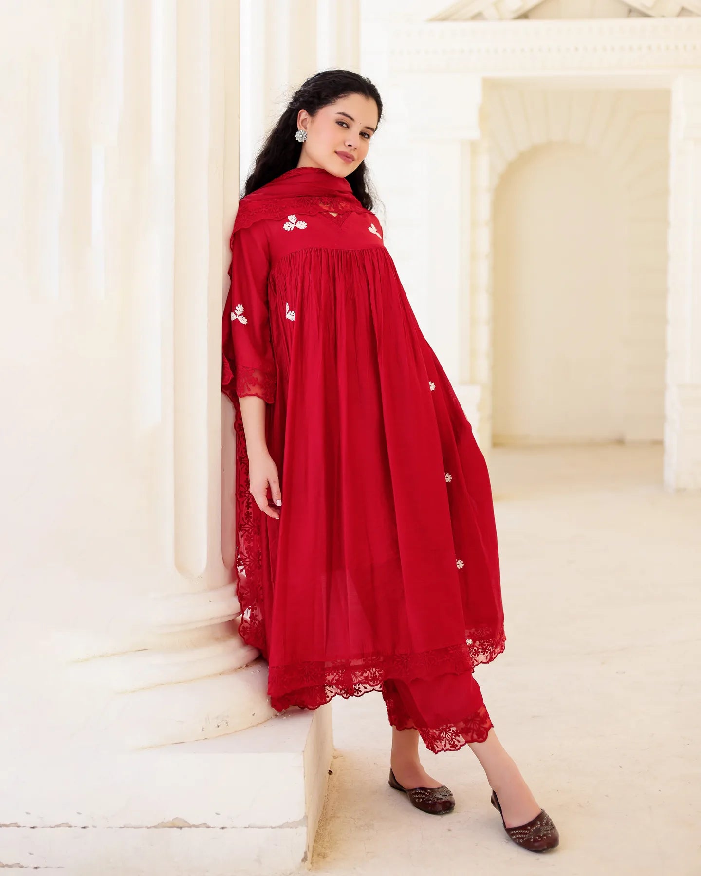 Rouge Ruby Red Chanderi Aari Embroidered Kurta Palazzo Set with Dupatta - AS-TTME-15 (9)