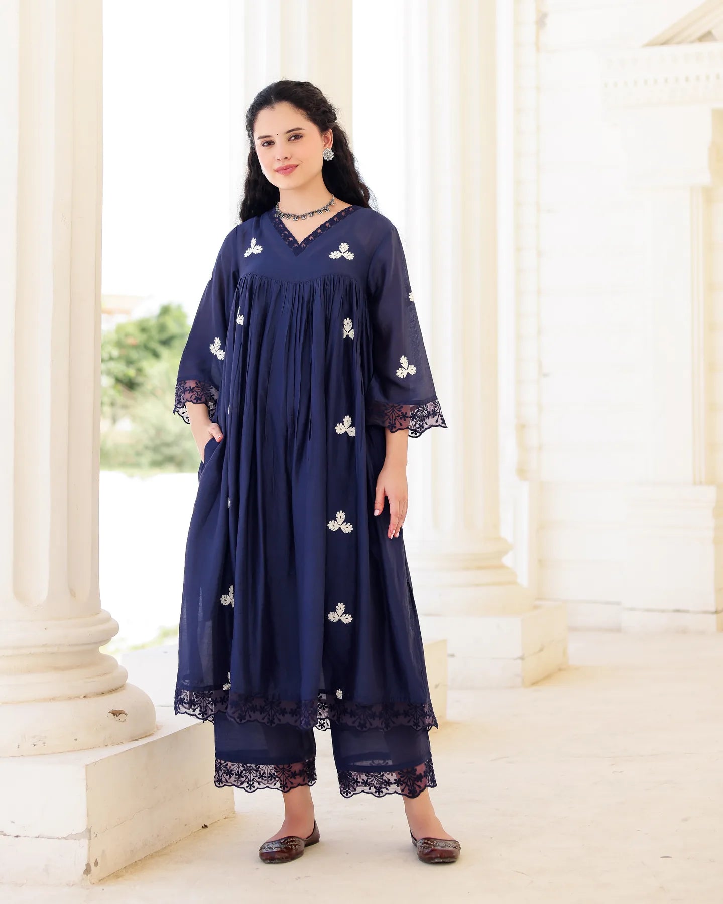 Midnight Muse Navy Chanderi Aari Embroidered Kurta Palazzo Set - AS-TTME-16 (3)