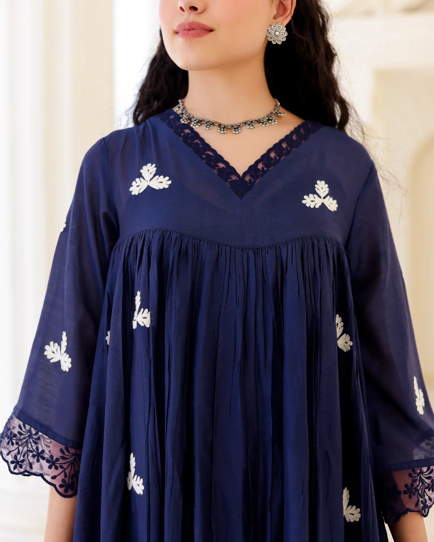 Midnight Muse Navy Chanderi Aari Embroidered Kurta Palazzo Set - AS-TTME-16 (4)