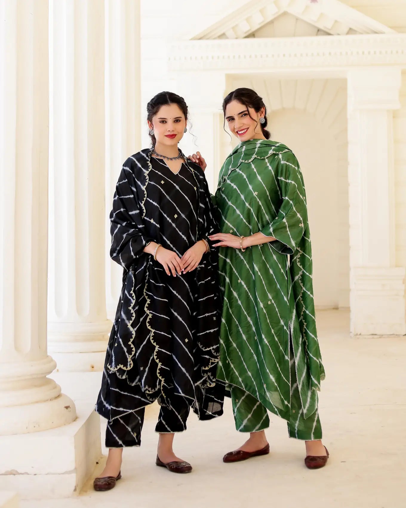 Verdant Forest Green Chanderi Hand Dyed Leheriya Kurta Set with Zari Aari Embroidery - AS-TTME-17 (1)
