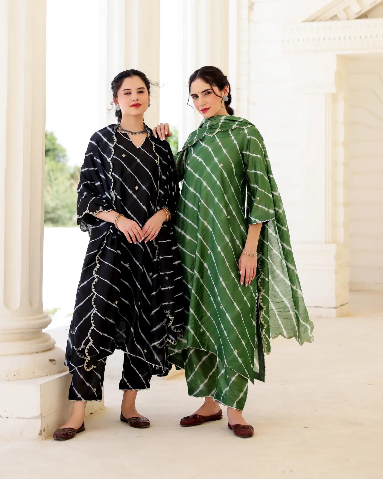 Verdant Forest Green Chanderi Hand Dyed Leheriya Kurta Set with Zari Aari Embroidery - AS-TTME-17 (7)
