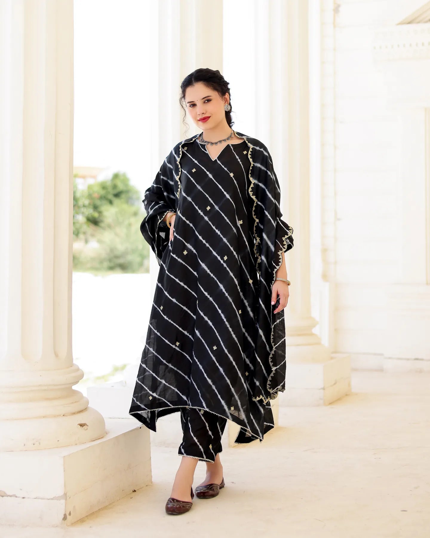 Nero Black Chanderi Hand Dyed Leheriya Kurta Set with Zari Aari Embroidery - AS-TTME-18 (4)