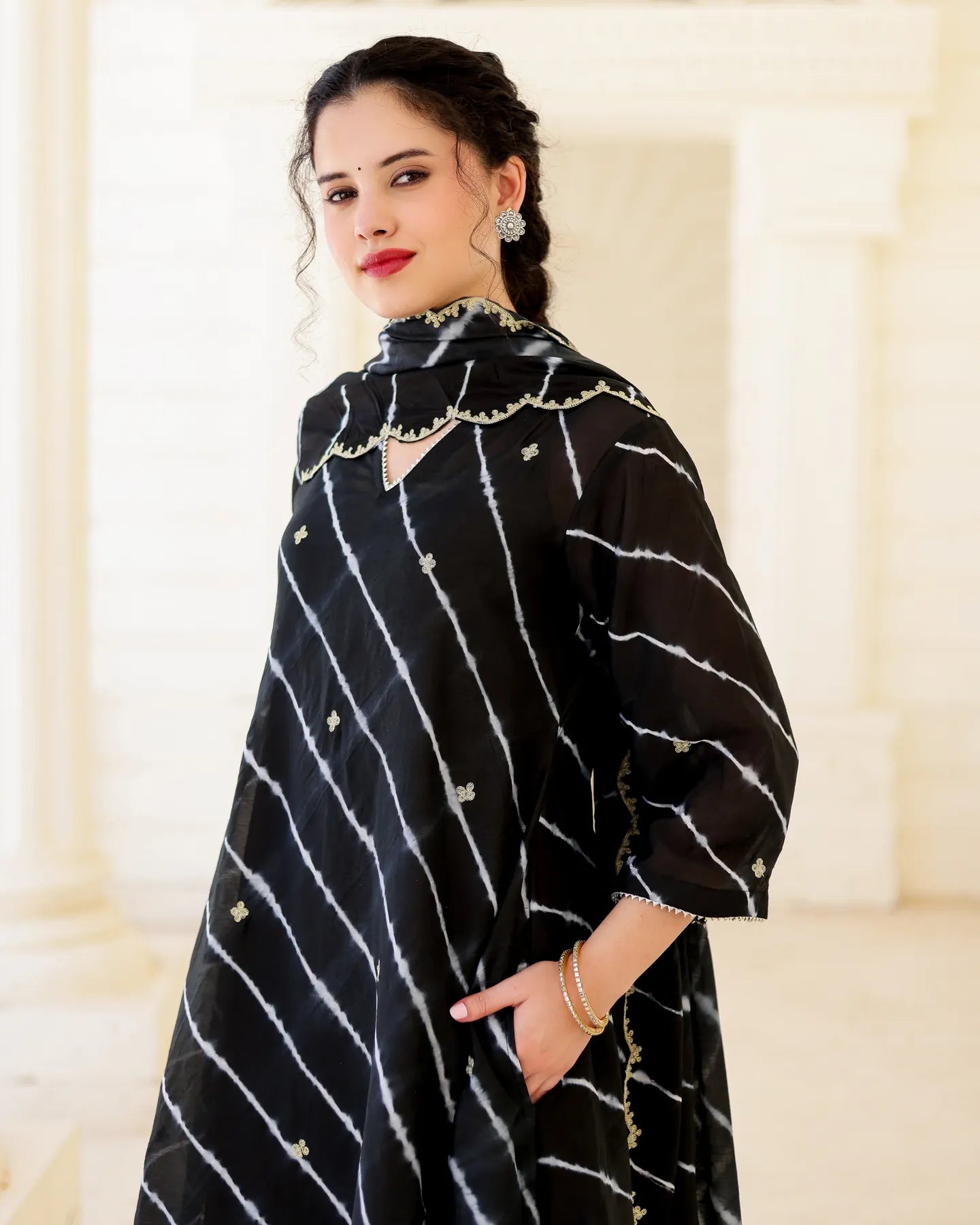 Nero Black Chanderi Hand Dyed Leheriya Kurta Set with Zari Aari Embroidery - AS-TTME-18 (6)