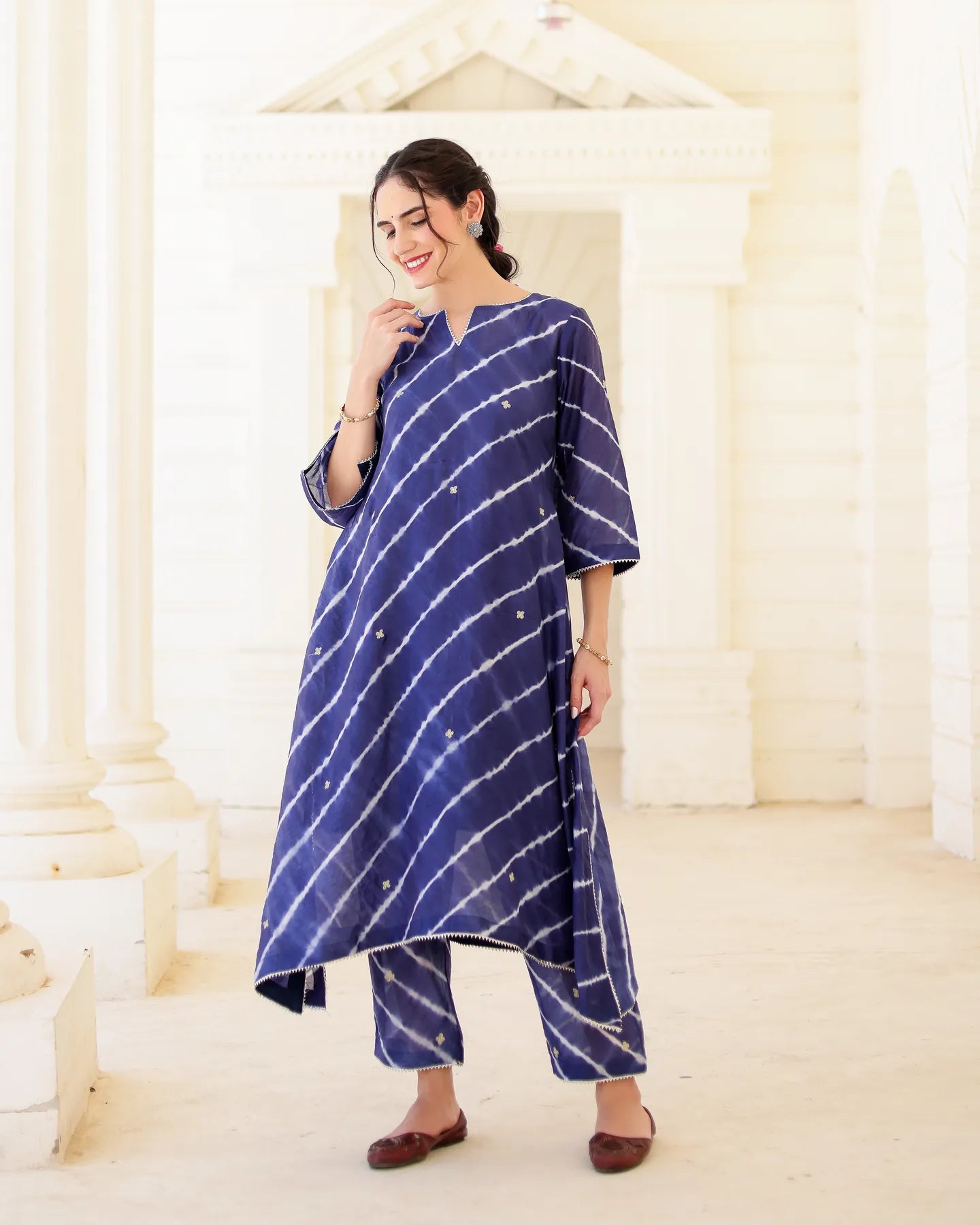 Indigoire Royal blue Chanderi Hand Dyed Leheriya Kurta Set with Zari Aari Embroidery - AS-TTME-19 (3)