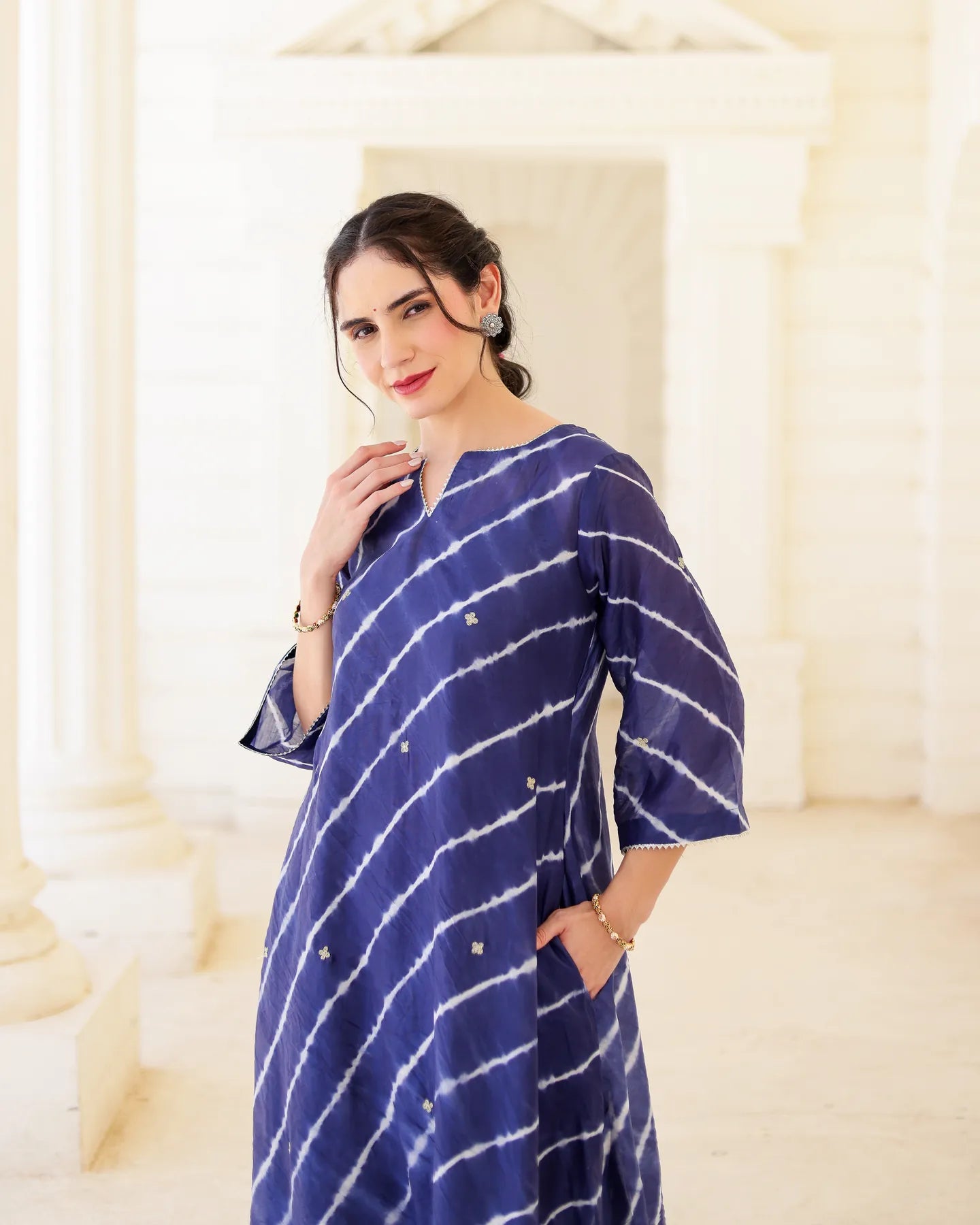 Indigoire Royal blue Chanderi Hand Dyed Leheriya Kurta Set with Zari Aari Embroidery - AS-TTME-19 (4)