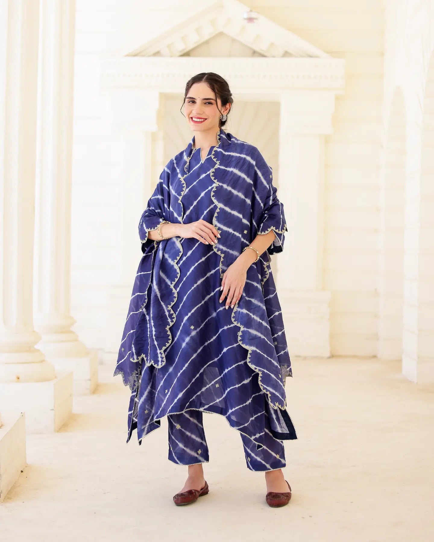 Indigoire Royal blue Chanderi Hand Dyed Leheriya Kurta Set with Zari Aari Embroidery - AS-TTME-19 (5)