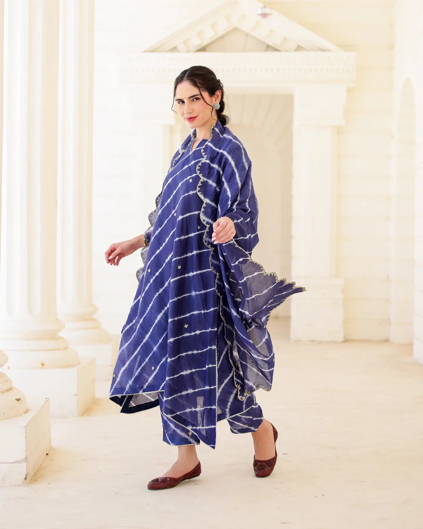 Indigoire Royal blue Chanderi Hand Dyed Leheriya Kurta Set with Zari Aari Embroidery - AS-TTME-19 (6)
