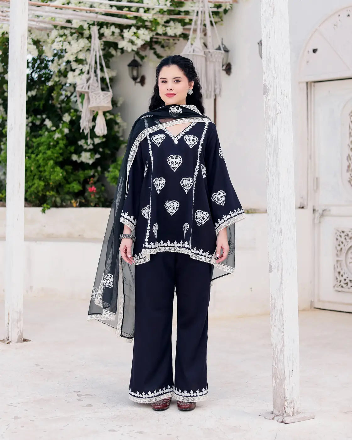 Noir Handcrafted Black Embroidered Kurta Palazzo Set with Organza Dupatta - AS-TTME-1 (3)