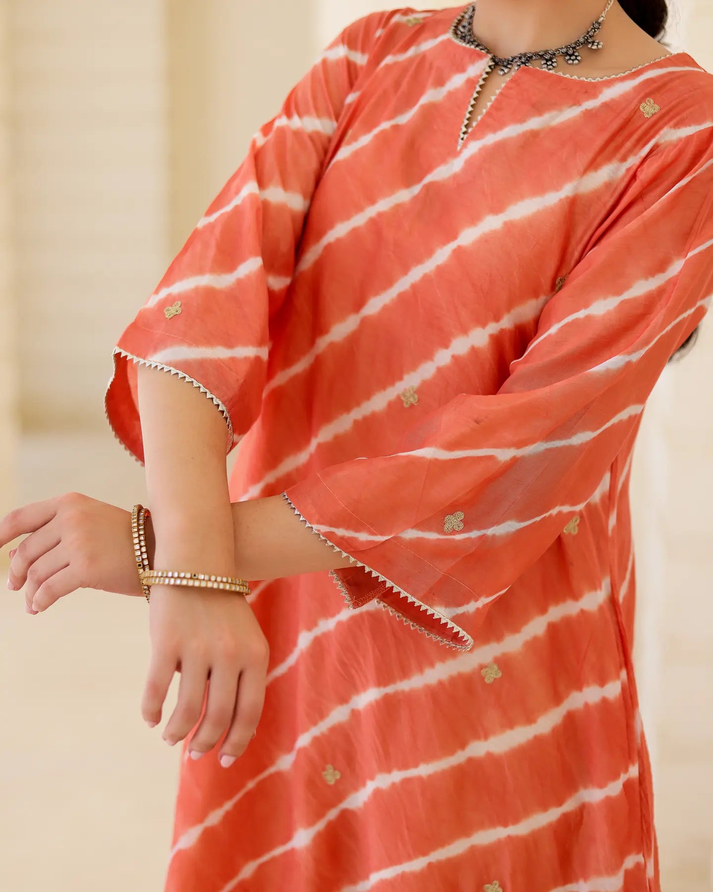 Terracotta Chanderi Hand Dyed Leheriya Kurta Set with Zari Embroidery - AS-TTME-20 (1)