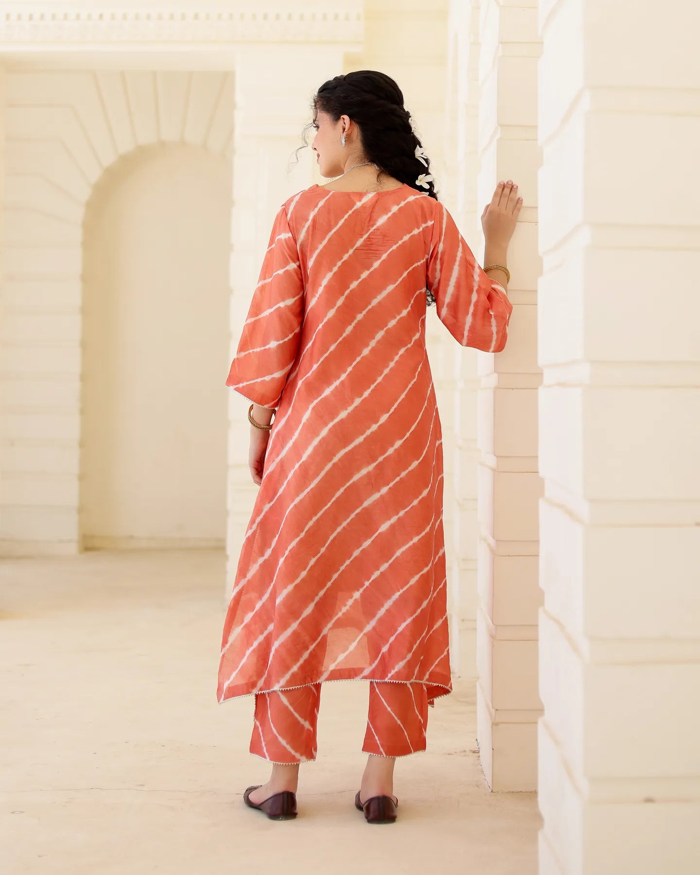 Terracotta Chanderi Hand Dyed Leheriya Kurta Set with Zari Embroidery - AS-TTME-20 (10)