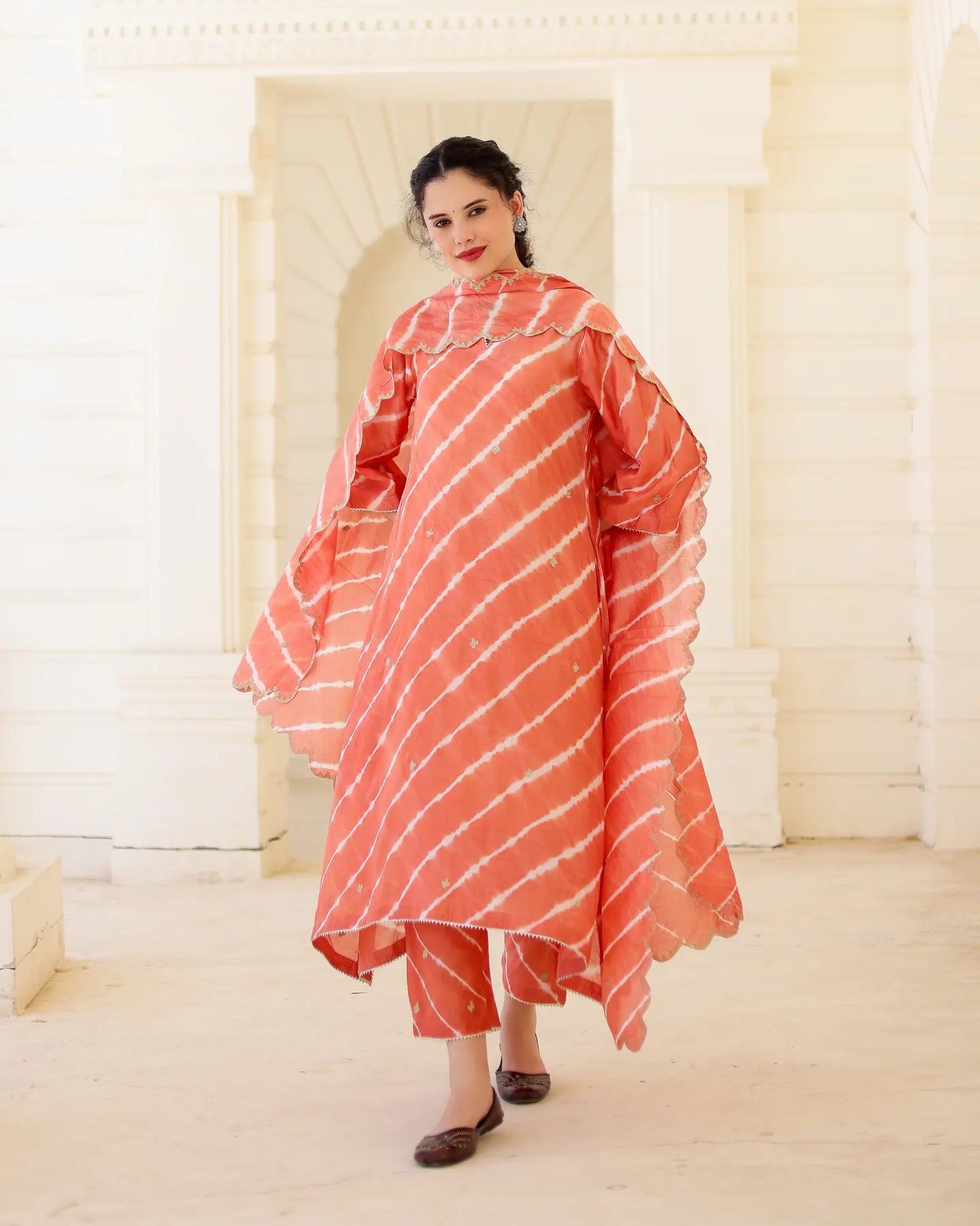 Terracotta Chanderi Hand Dyed Leheriya Kurta Set with Zari Embroidery - AS-TTME-20 (5)