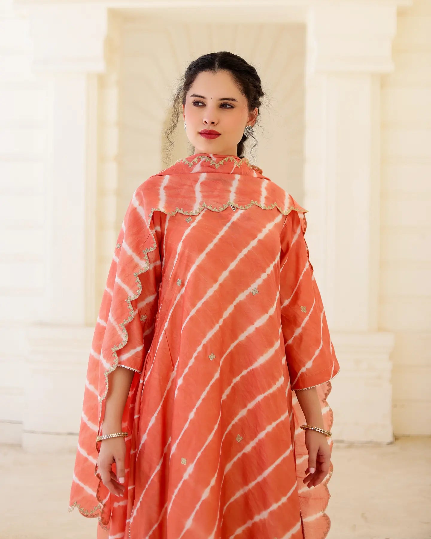 Terracotta Chanderi Hand Dyed Leheriya Kurta Set with Zari Embroidery - AS-TTME-20 (6)