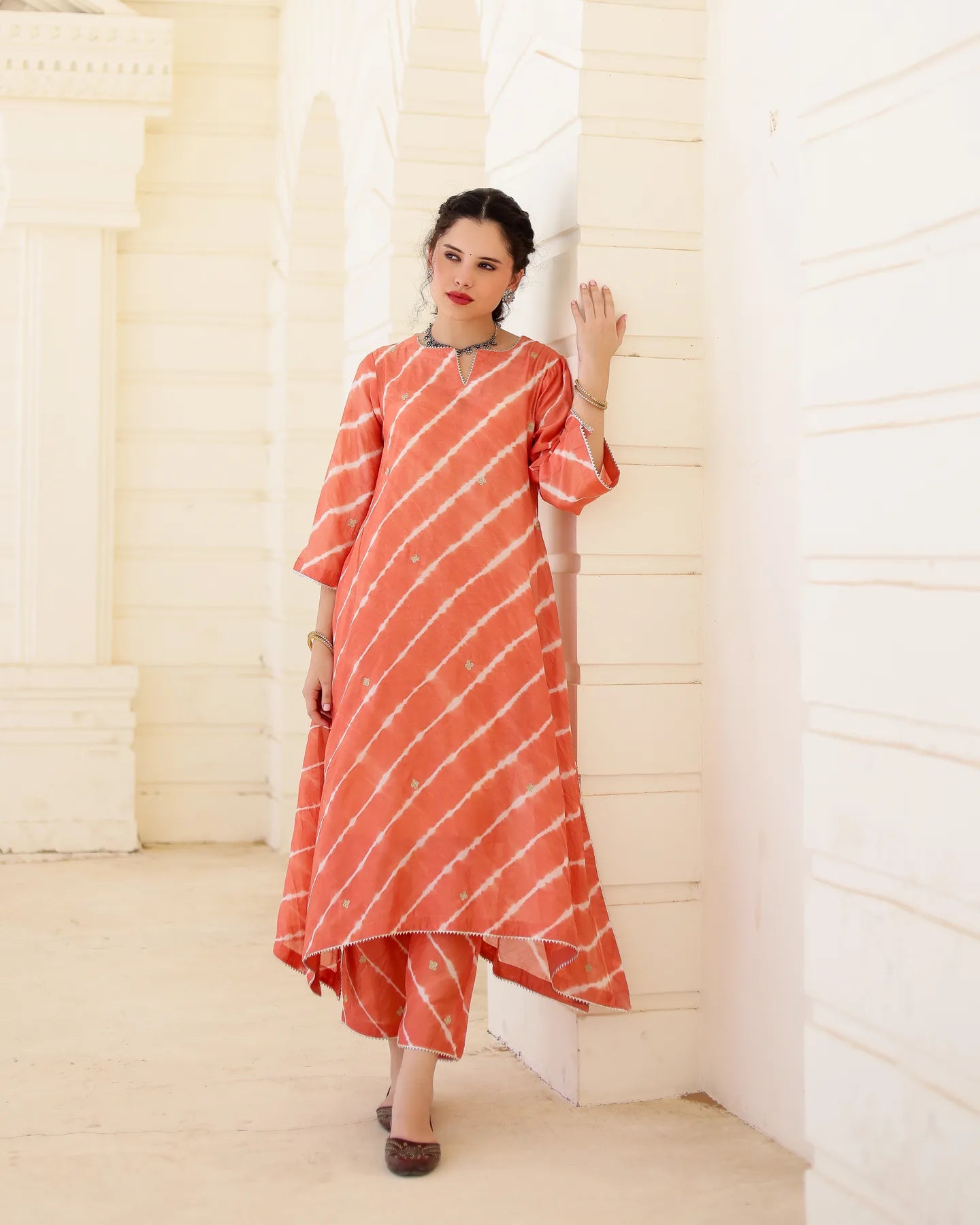 Terracotta Chanderi Hand Dyed Leheriya Kurta Set with Zari Embroidery - AS-TTME-20 (8)