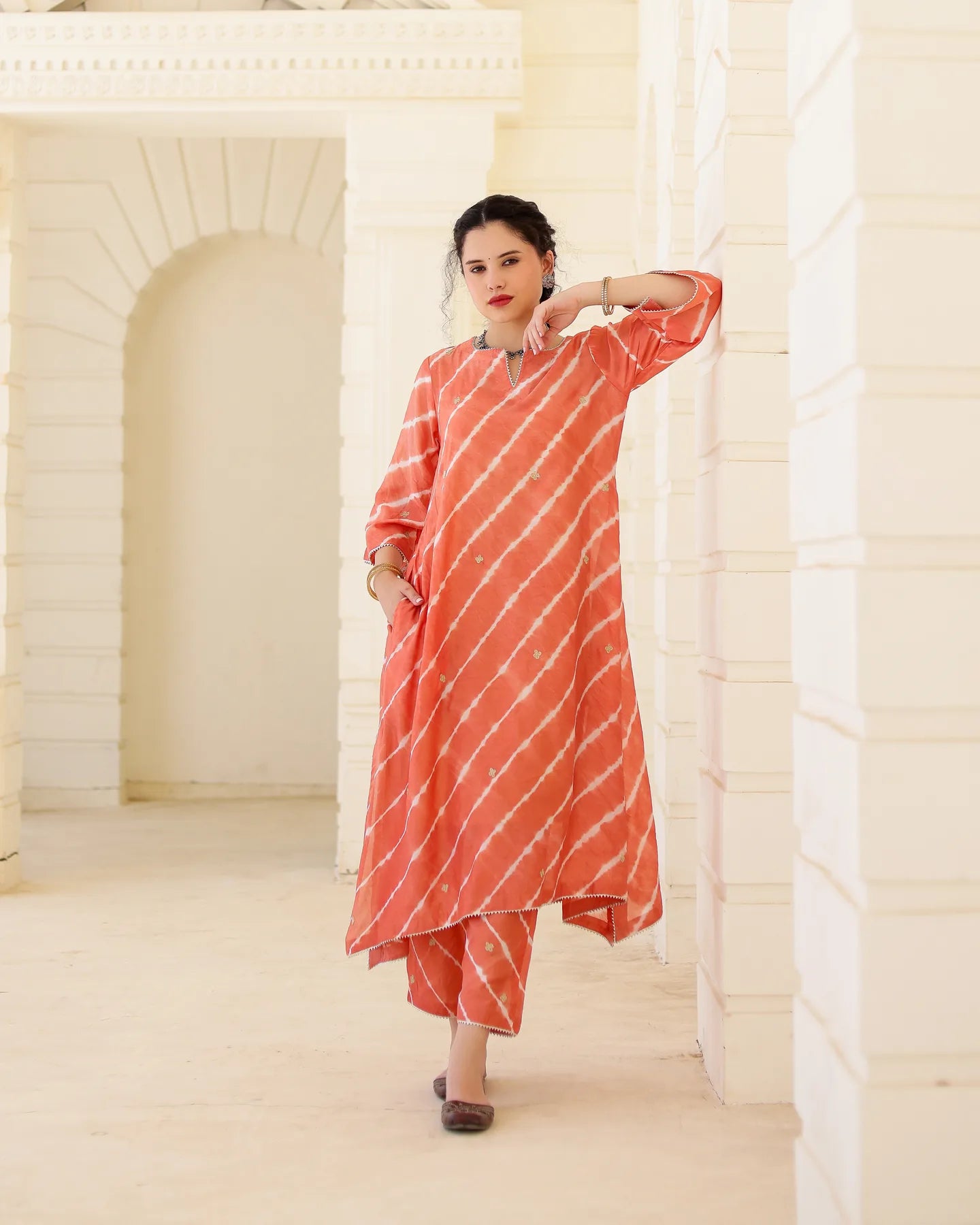 Terracotta Chanderi Hand Dyed Leheriya Kurta Set with Zari Embroidery - AS-TTME-20 (9)