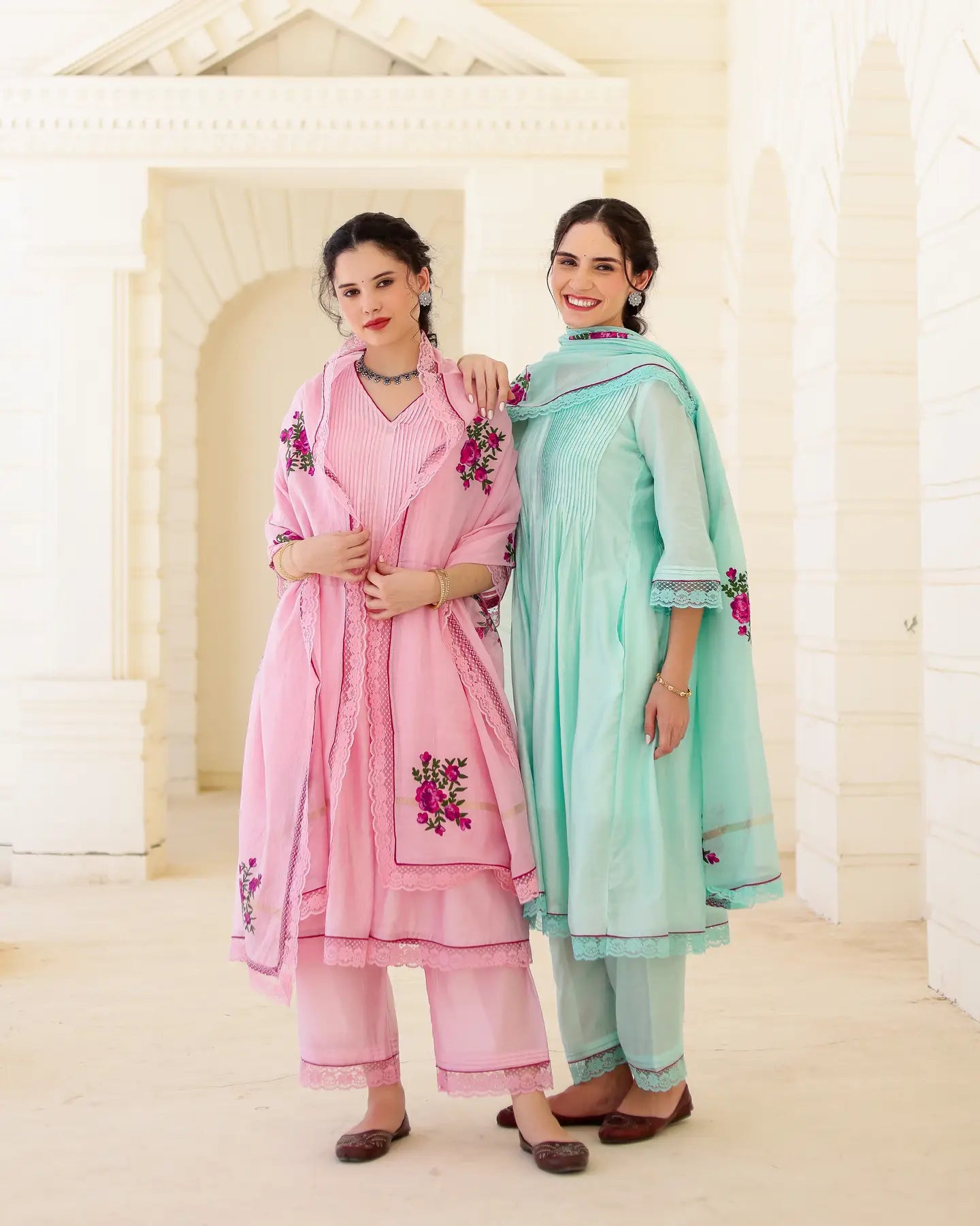Floris Mint Chanderi Aari Embroidered Kurta Palazzo Set with Floral Dupatta - AS-TTME-21 (1)